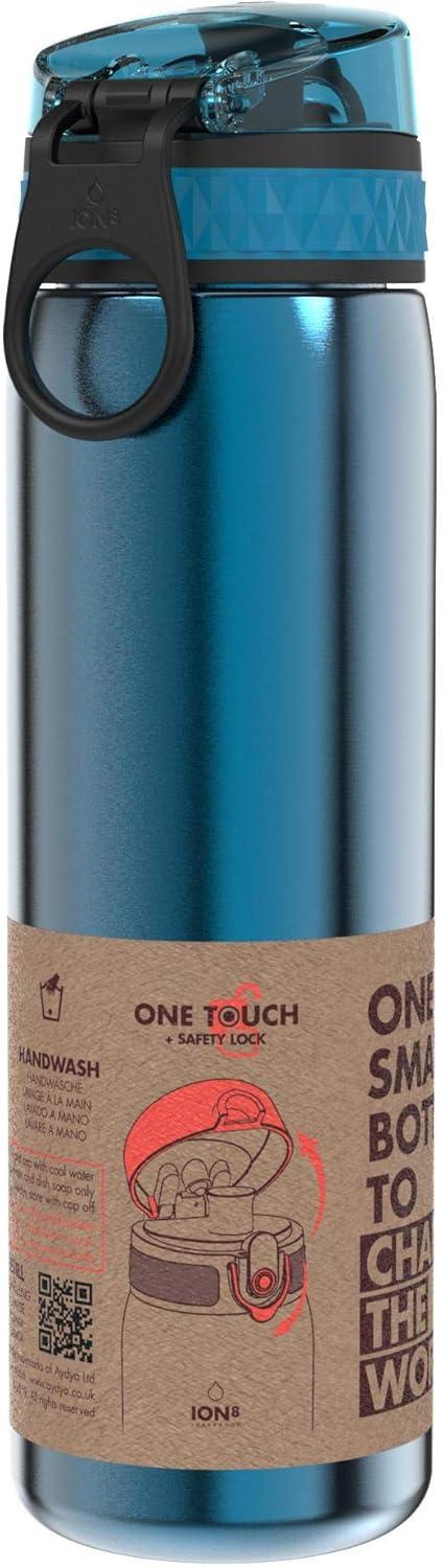 image:imageION8 Gourde Inox Lger 600ml Non Isol AntiFuite Facile Ouvrir Verrouillage Scuris Lavable au LaveVaisselle Poigne de Transport Durable Acier Inoxydable BleuBleu