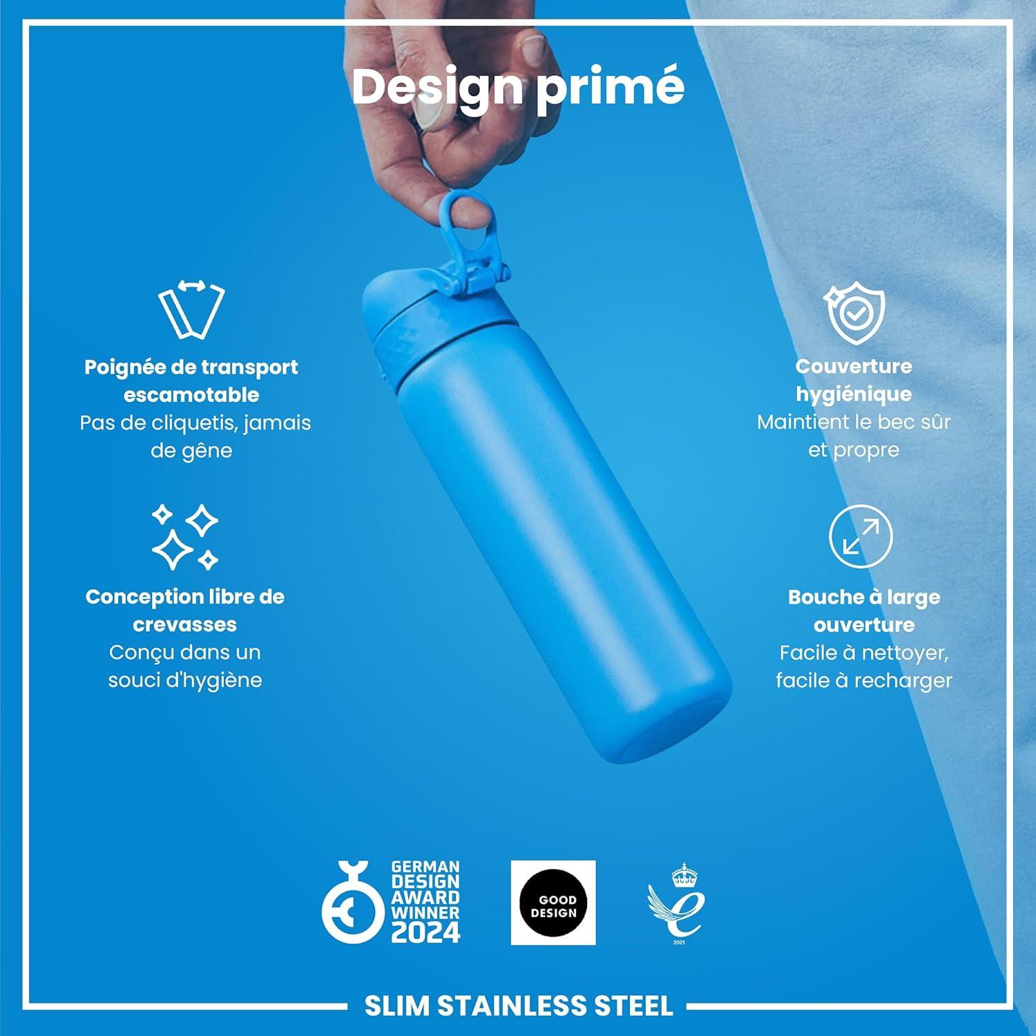 image:imageION8 Gourde Inox Lger 600ml Non Isol AntiFuite Facile Ouvrir Verrouillage Scuris Lavable au LaveVaisselle Poigne de Transport Durable Acier Inoxydable BleuBleu