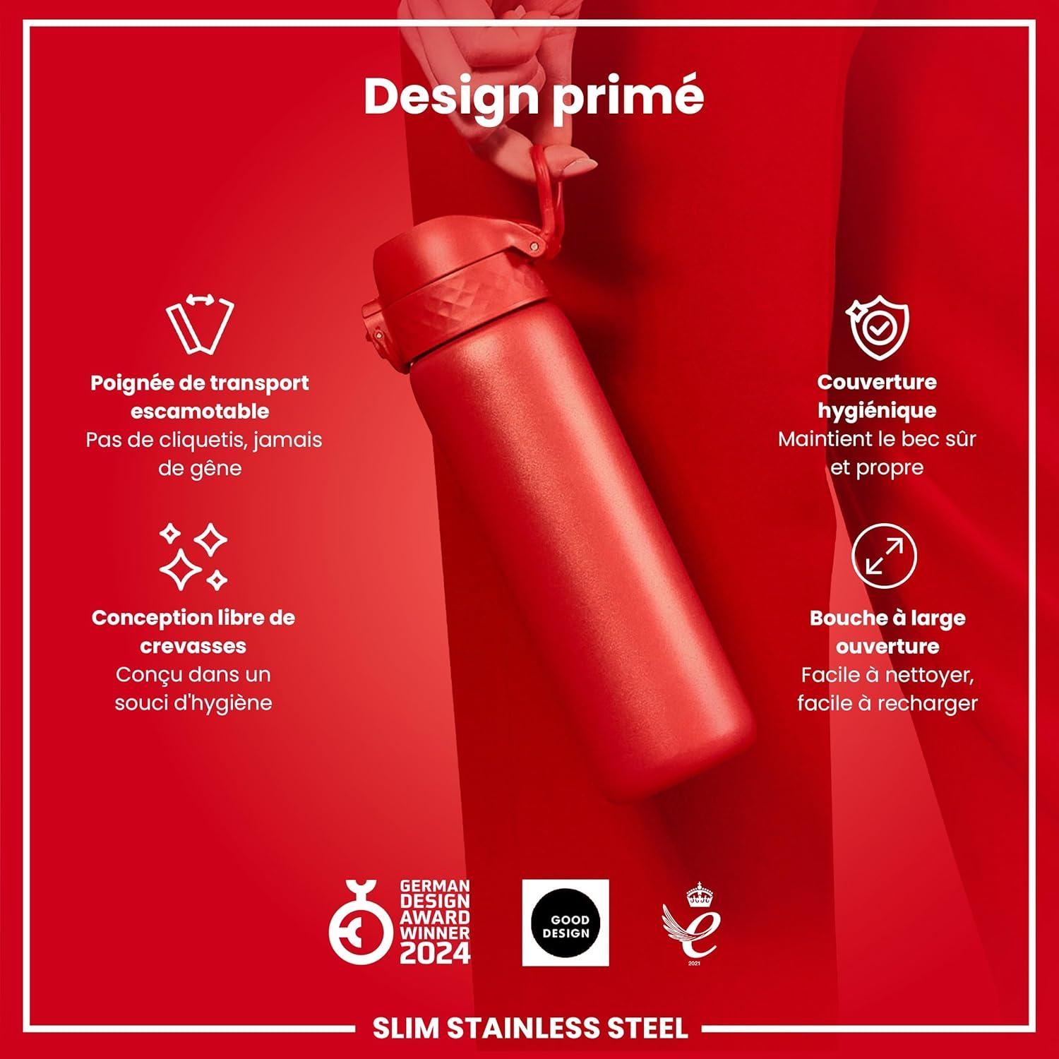 image:imageION8 Gourde Inox Lger 600ml Non Isol AntiFuite Facile Ouvrir Verrouillage Scuris Lavable au LaveVaisselle Poigne de Transport Durable Acier Inoxydable BleuRouge