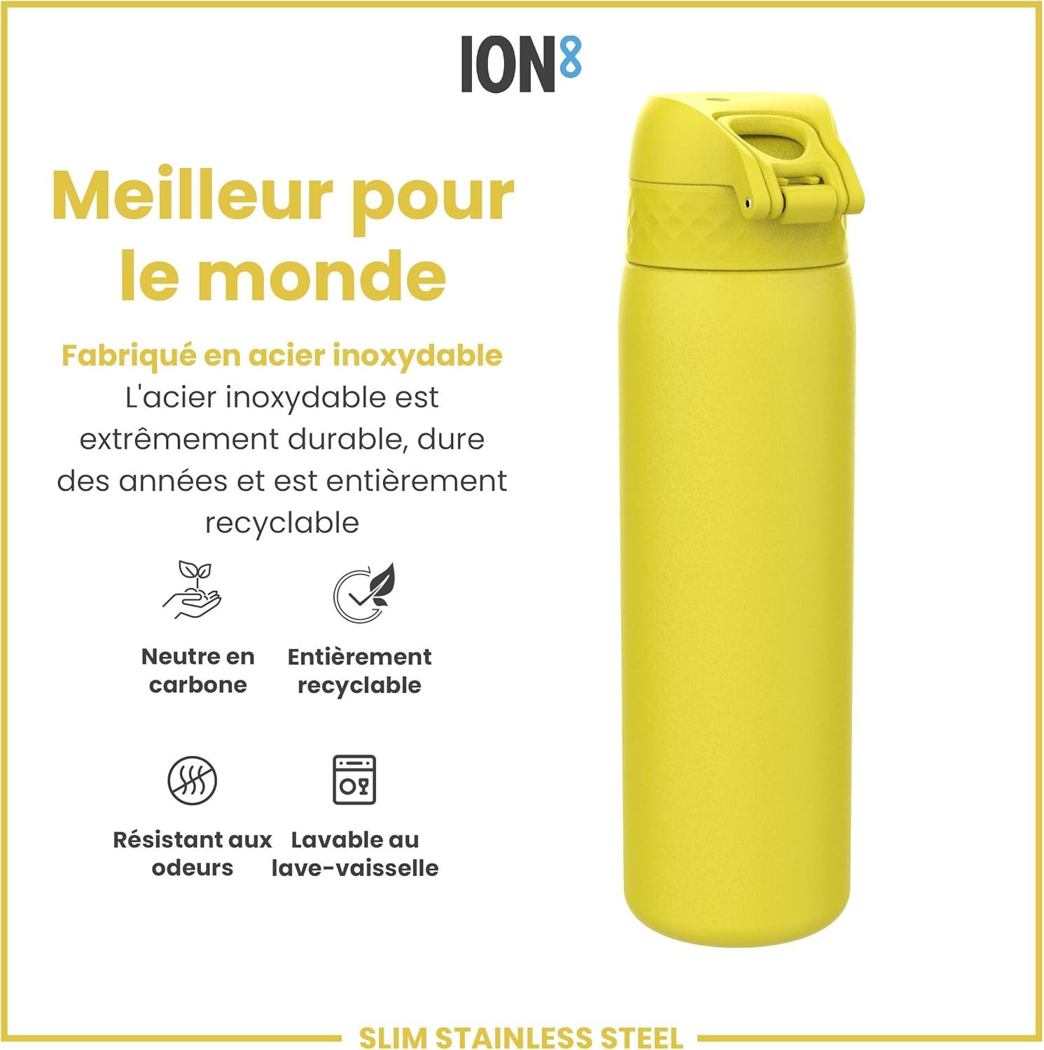 image:imageION8 Gourde Inox Lger 600ml Non Isol AntiFuite Facile Ouvrir Verrouillage Scuris Lavable au LaveVaisselle Poigne de Transport Durable Acier Inoxydable BleuJaune