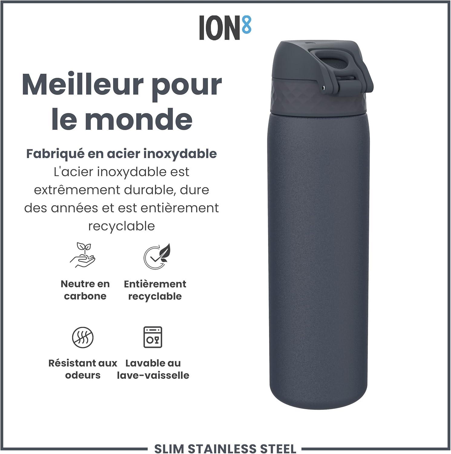 image:imageION8 Gourde Inox Lger 600ml Non Isol AntiFuite Facile Ouvrir Verrouillage Scuris Lavable au LaveVaisselle Poigne de Transport Durable Acier Inoxydable BleuBleu Marine Cendr