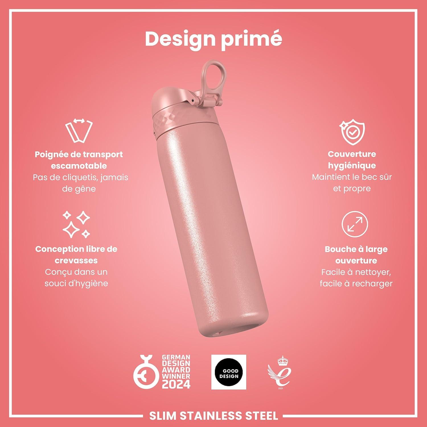 image:imageION8 Gourde Inox Lger 600ml Non Isol AntiFuite Facile Ouvrir Verrouillage Scuris Lavable au LaveVaisselle Poigne de Transport Durable Acier Inoxydable BleuRose Cendr