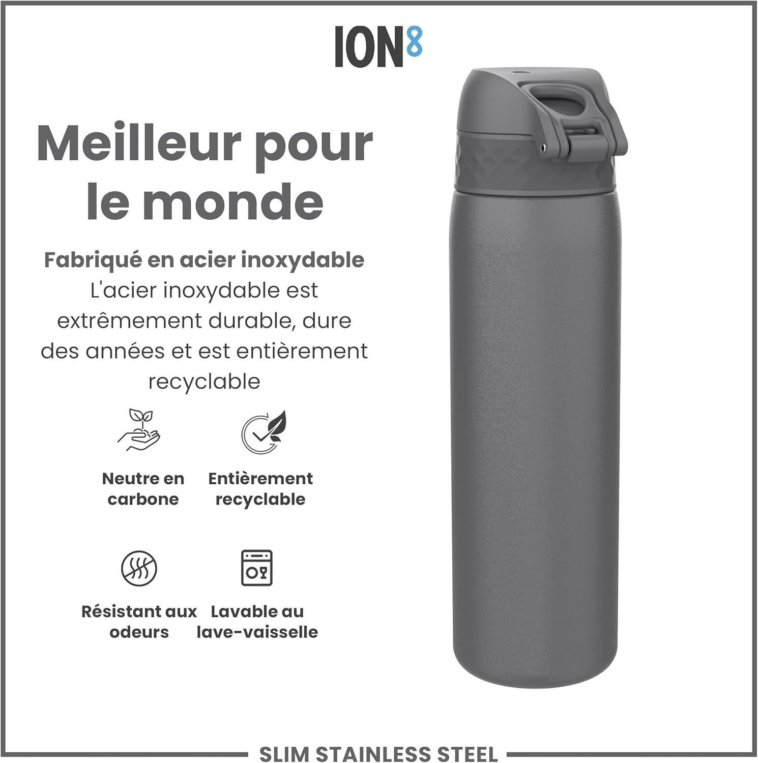 image:imageION8 Gourde Inox Lger 600ml Non Isol AntiFuite Facile Ouvrir Verrouillage Scuris Lavable au LaveVaisselle Poigne de Transport Durable Acier Inoxydable BleuGris
