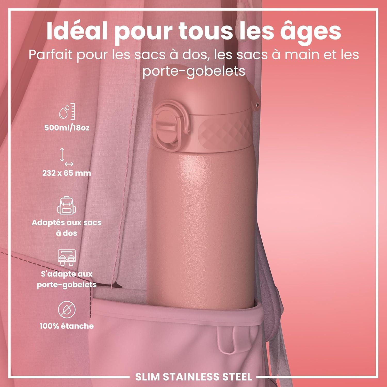 image:imageION8 Gourde Inox Lger 600ml Non Isol AntiFuite Facile Ouvrir Verrouillage Scuris Lavable au LaveVaisselle Poigne de Transport Durable Acier Inoxydable BleuRose Cendr
