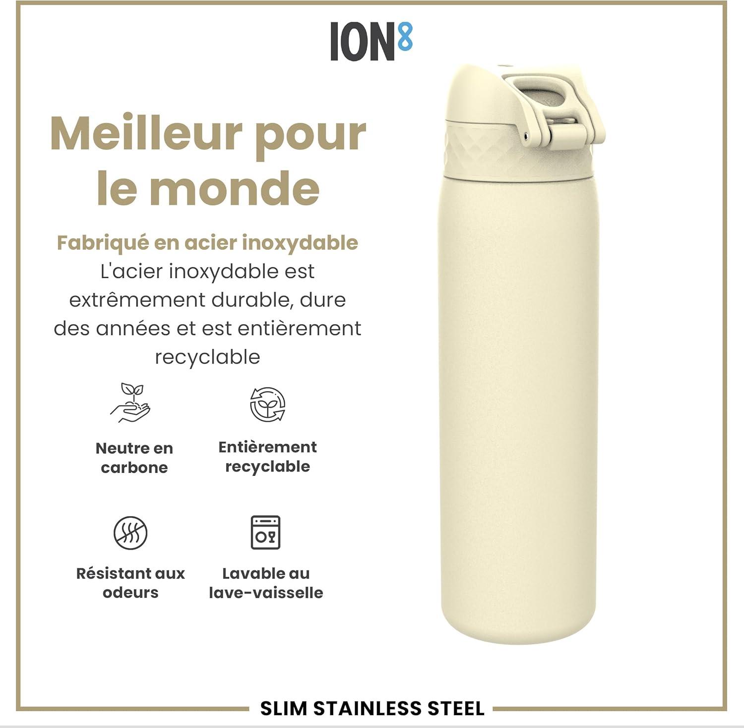image:imageION8 Gourde Inox Lger 600ml Non Isol AntiFuite Facile Ouvrir Verrouillage Scuris Lavable au LaveVaisselle Poigne de Transport Durable Acier Inoxydable BleuBlanc Crmeux