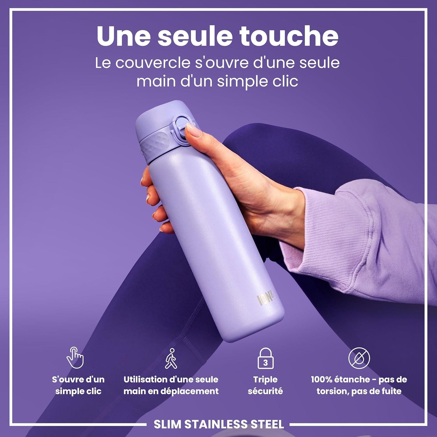 image:imageION8 Gourde Inox Lger 600ml Non Isol AntiFuite Facile Ouvrir Verrouillage Scuris Lavable au LaveVaisselle Poigne de Transport Durable Acier Inoxydable BleuViolet Clair
