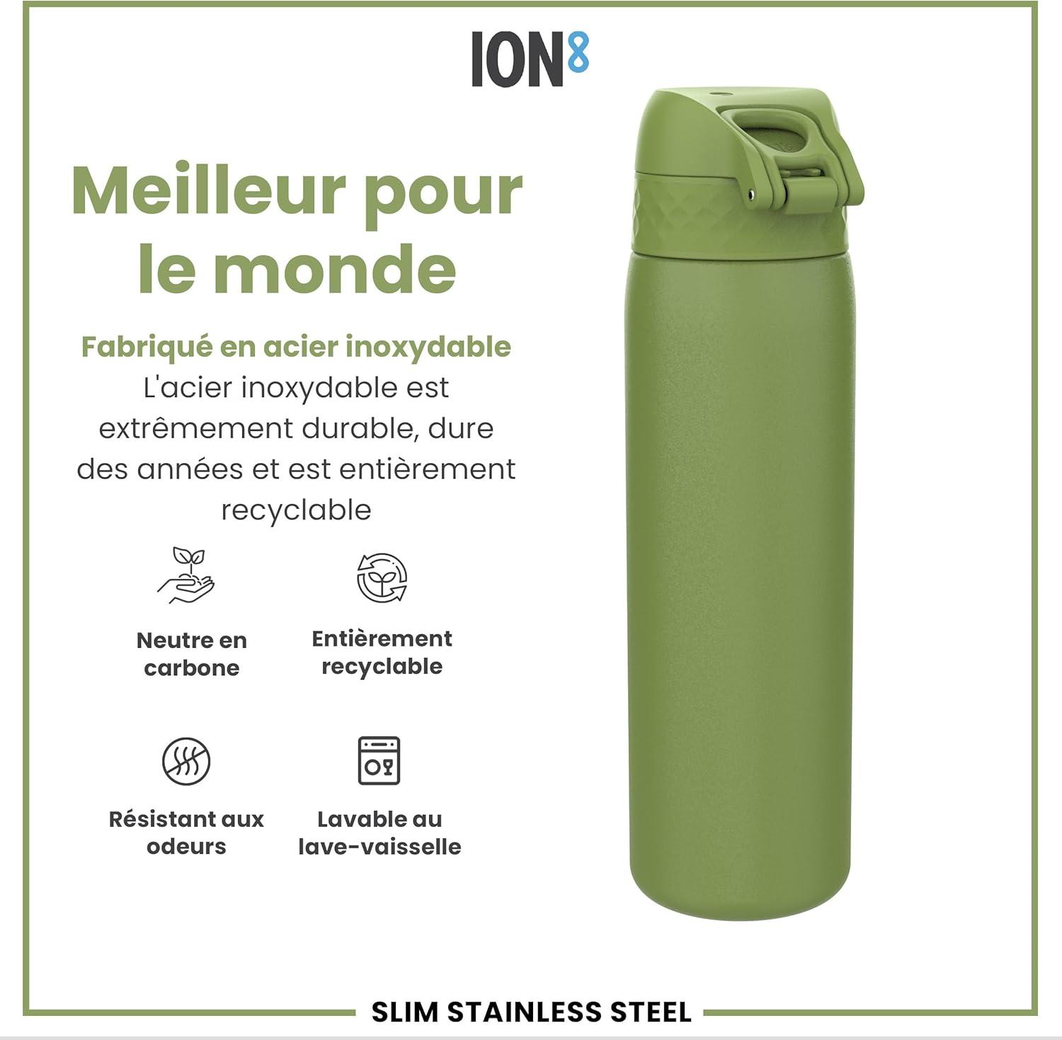 image:imageION8 Gourde Inox Lger 600ml Non Isol AntiFuite Facile Ouvrir Verrouillage Scuris Lavable au LaveVaisselle Poigne de Transport Durable Acier Inoxydable BleuVert Kaki