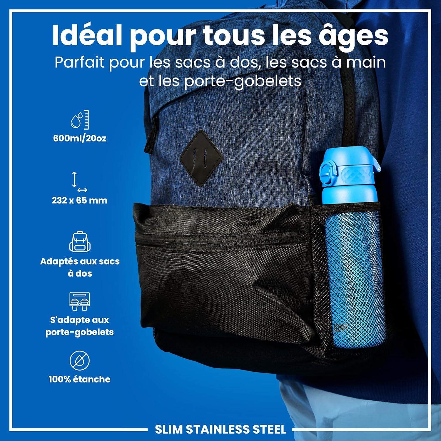 image:imageION8 Gourde Inox Lger 600ml Non Isol AntiFuite Facile Ouvrir Verrouillage Scuris Lavable au LaveVaisselle Poigne de Transport Durable Acier Inoxydable BleuBleu