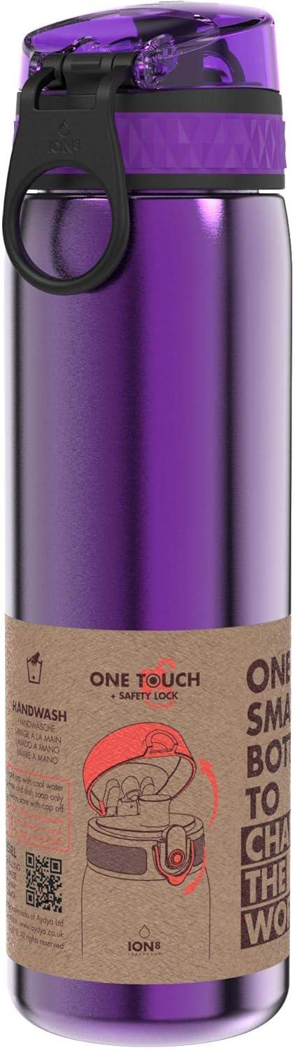image:imageION8 Gourde Inox Lger 600ml Non Isol AntiFuite Facile Ouvrir Verrouillage Scuris Lavable au LaveVaisselle Poigne de Transport Durable Acier Inoxydable BleuViolet