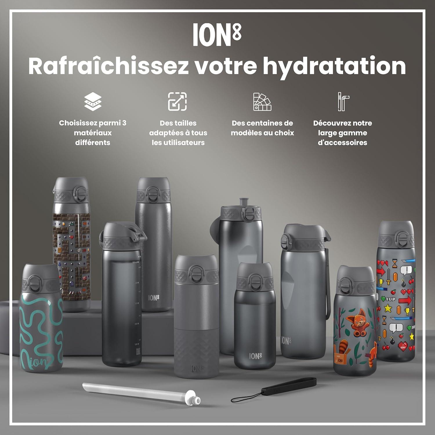image:imageION8 Gourde Inox Lger 600ml Non Isol AntiFuite Facile Ouvrir Verrouillage Scuris Lavable au LaveVaisselle Poigne de Transport Durable Acier Inoxydable BleuGris