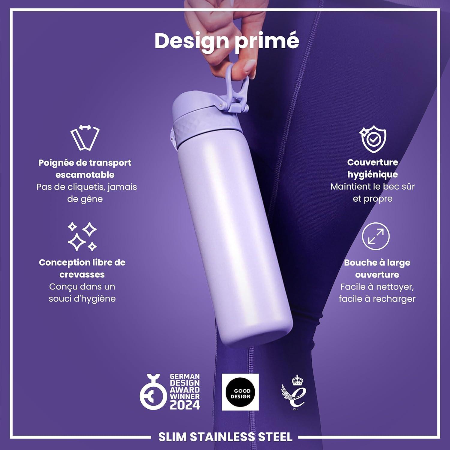 image:imageION8 Gourde Inox Lger 600ml Non Isol AntiFuite Facile Ouvrir Verrouillage Scuris Lavable au LaveVaisselle Poigne de Transport Durable Acier Inoxydable BleuViolet Clair