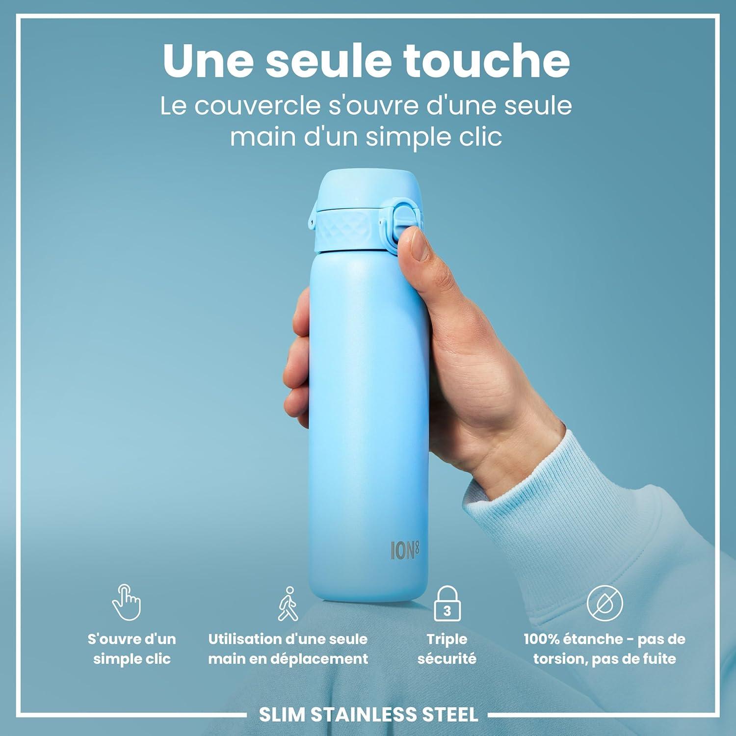 image:imageION8 Gourde Inox Lger 600ml Non Isol AntiFuite Facile Ouvrir Verrouillage Scuris Lavable au LaveVaisselle Poigne de Transport Durable Acier Inoxydable BleuBleu Dalaska
