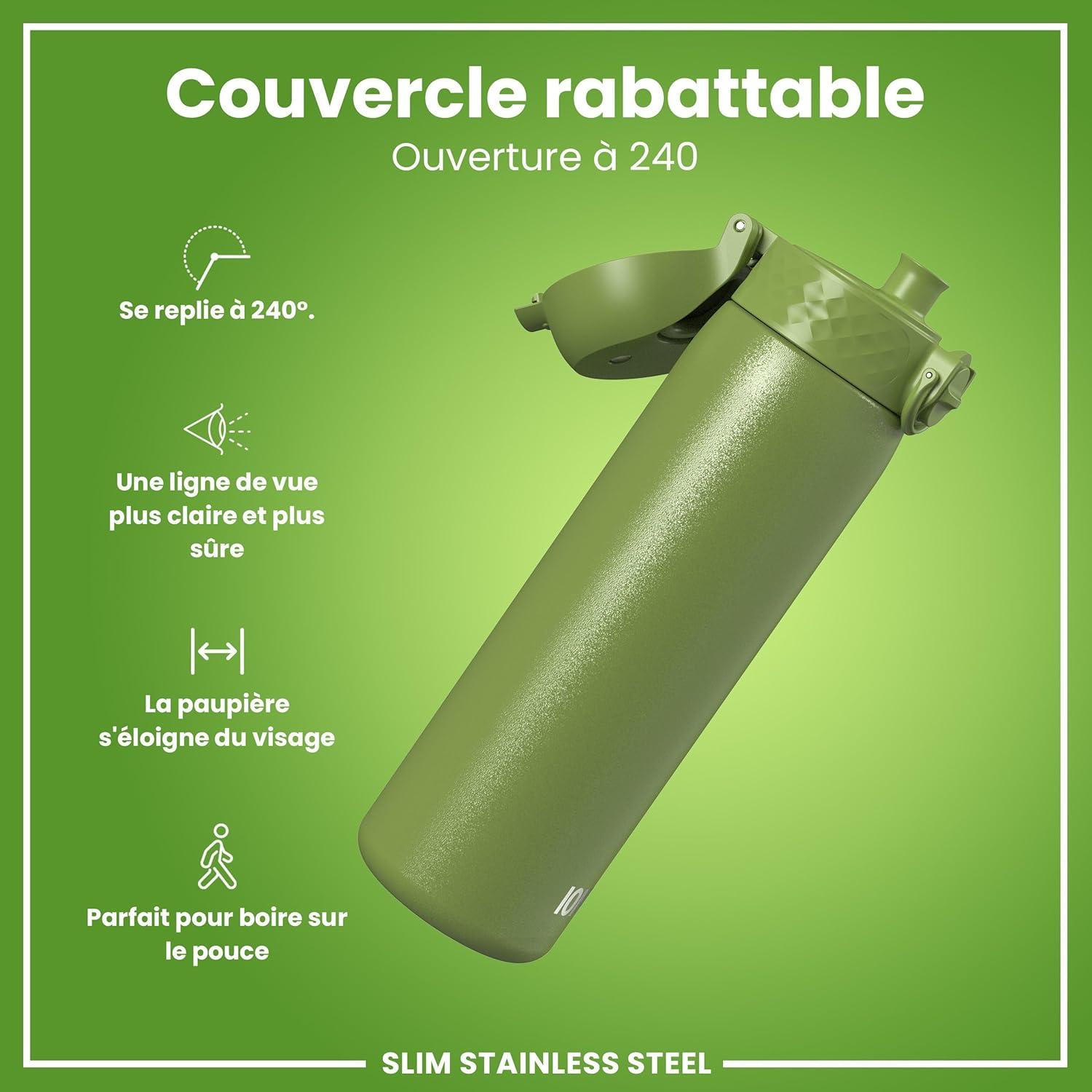 image:imageION8 Gourde Inox Lger 600ml Non Isol AntiFuite Facile Ouvrir Verrouillage Scuris Lavable au LaveVaisselle Poigne de Transport Durable Acier Inoxydable BleuVert Kaki