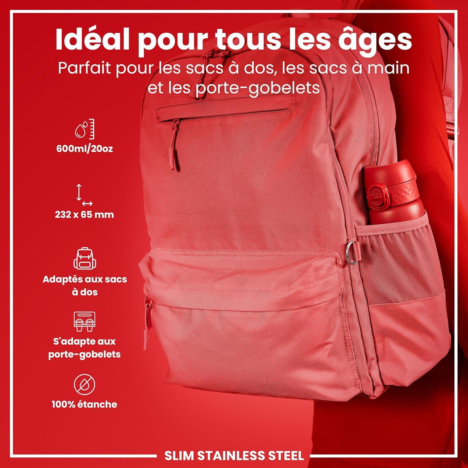image:imageION8 Gourde Inox Lger 600ml Non Isol AntiFuite Facile Ouvrir Verrouillage Scuris Lavable au LaveVaisselle Poigne de Transport Durable Acier Inoxydable BleuRouge
