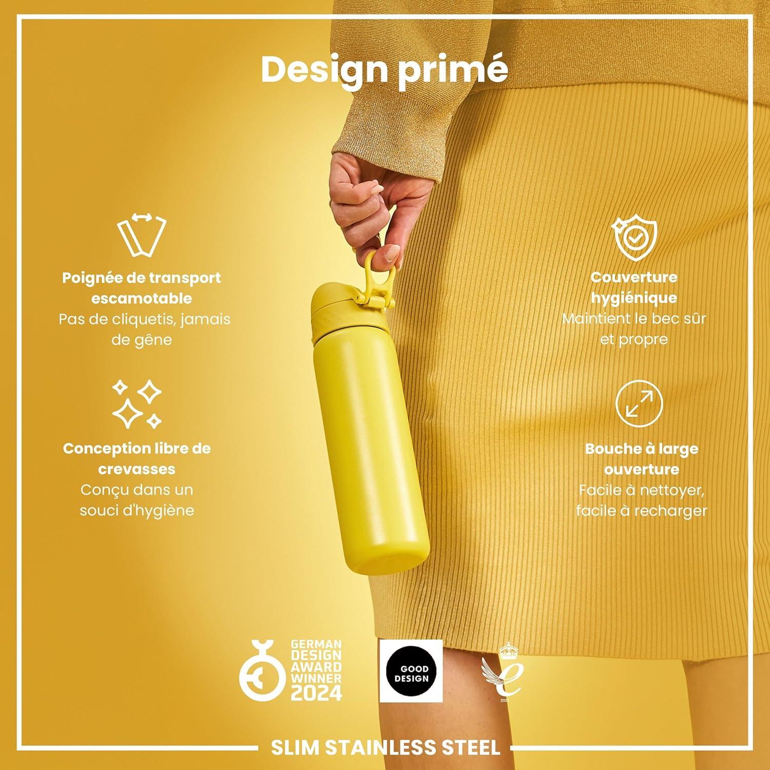 image:imageION8 Gourde Inox Lger 600ml Non Isol AntiFuite Facile Ouvrir Verrouillage Scuris Lavable au LaveVaisselle Poigne de Transport Durable Acier Inoxydable BleuJaune