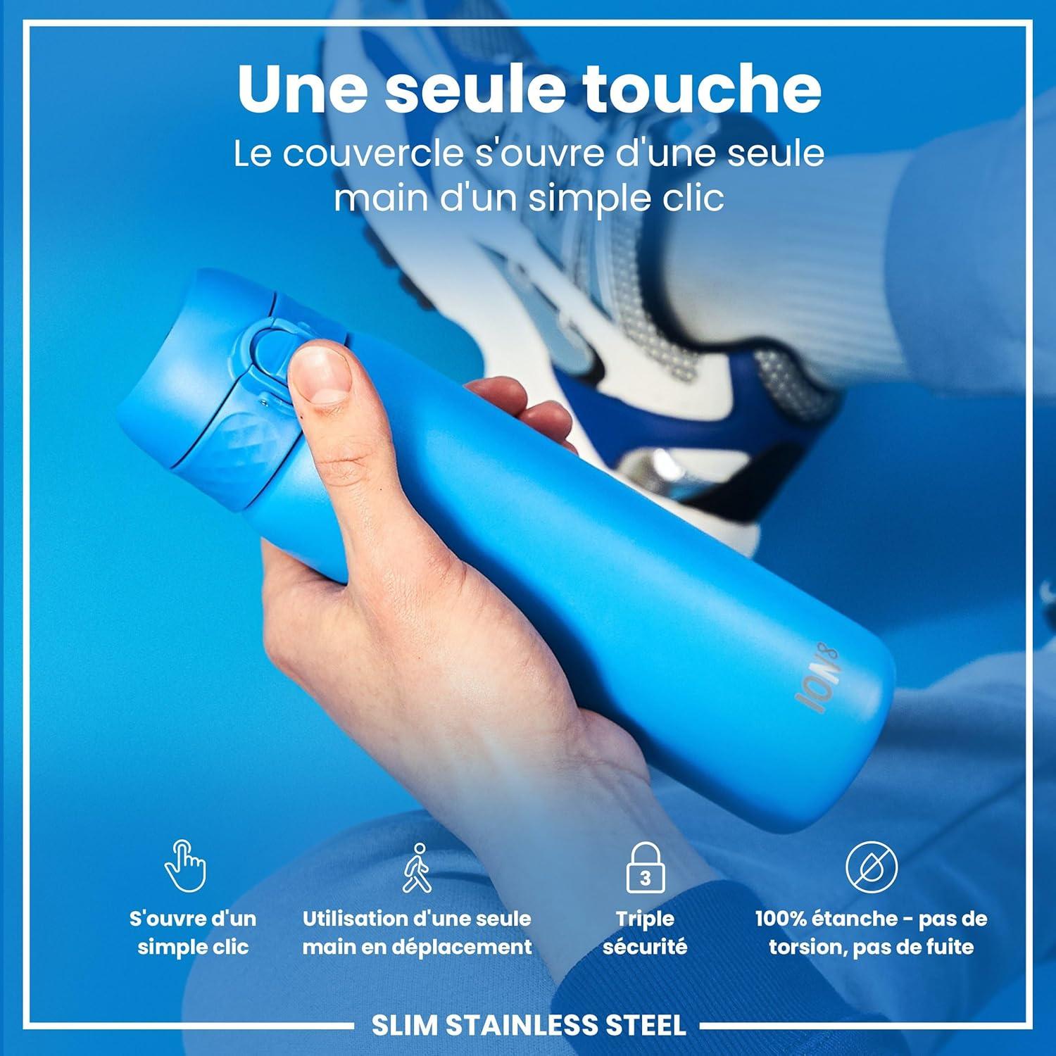 image:imageION8 Gourde Inox Lger 600ml Non Isol AntiFuite Facile Ouvrir Verrouillage Scuris Lavable au LaveVaisselle Poigne de Transport Durable Acier Inoxydable BleuBleu