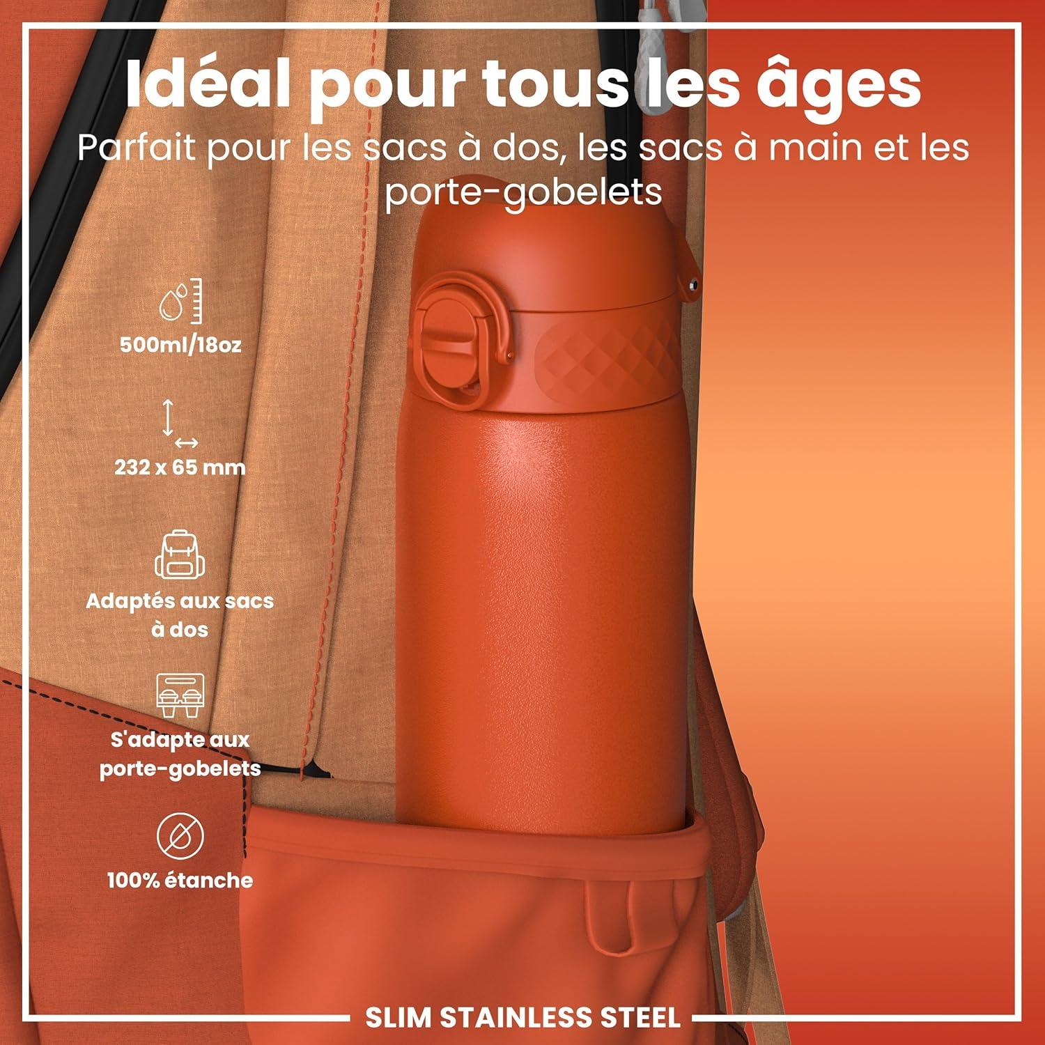 image:imageION8 Gourde Inox Lger 600ml Non Isol AntiFuite Facile Ouvrir Verrouillage Scuris Lavable au LaveVaisselle Poigne de Transport Durable Acier Inoxydable BleuOrange