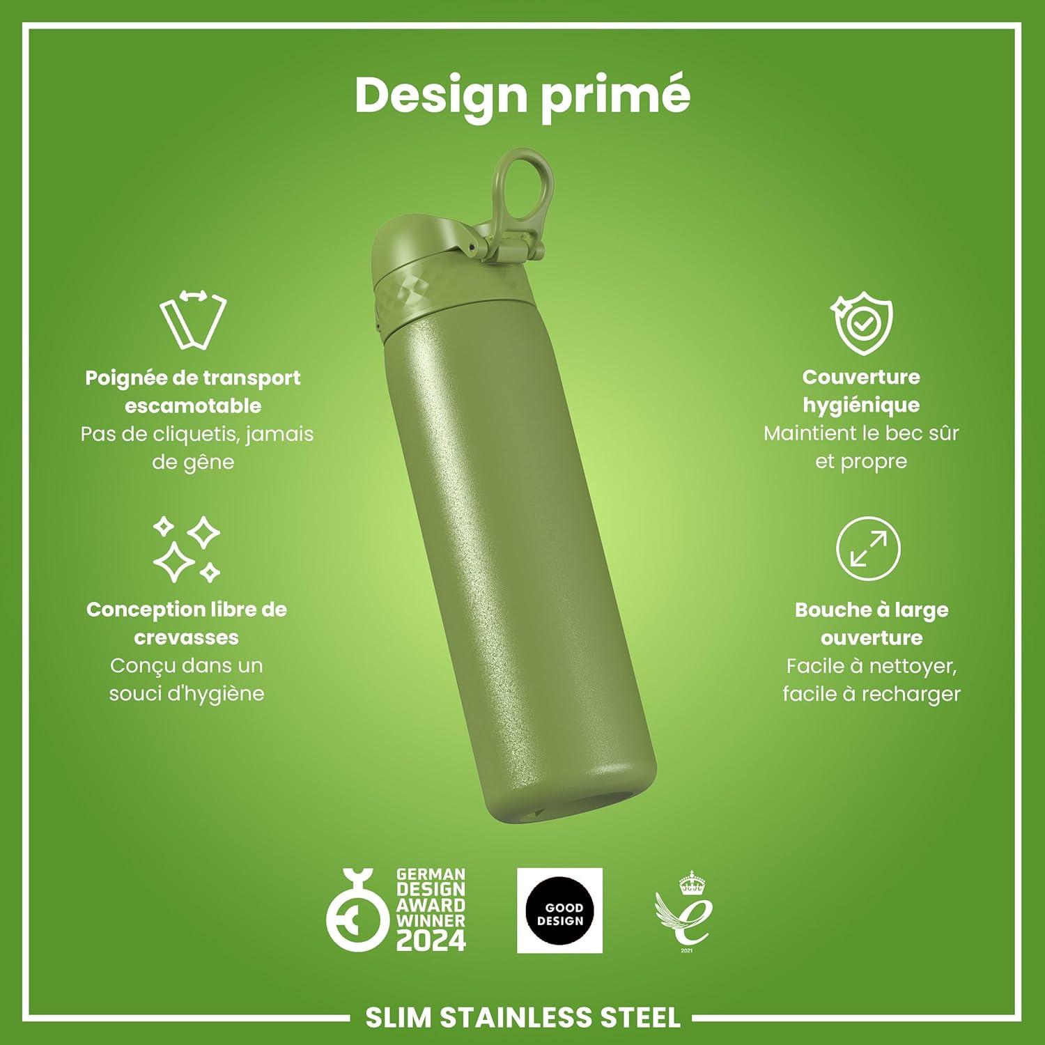 image:imageION8 Gourde Inox Lger 600ml Non Isol AntiFuite Facile Ouvrir Verrouillage Scuris Lavable au LaveVaisselle Poigne de Transport Durable Acier Inoxydable BleuVert Kaki