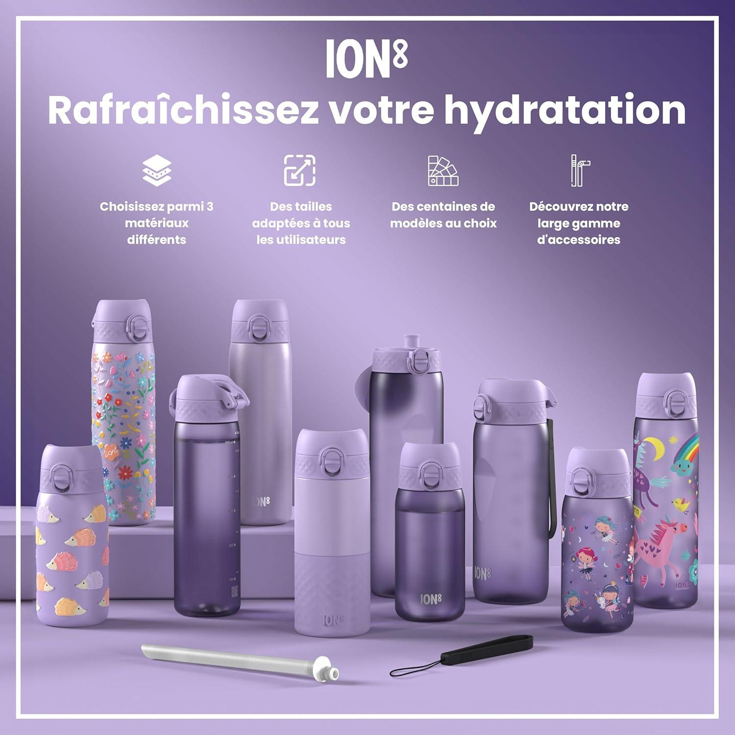 image:imageION8 Gourde Inox Lger 600ml Non Isol AntiFuite Facile Ouvrir Verrouillage Scuris Lavable au LaveVaisselle Poigne de Transport Durable Acier Inoxydable BleuViolet Clair