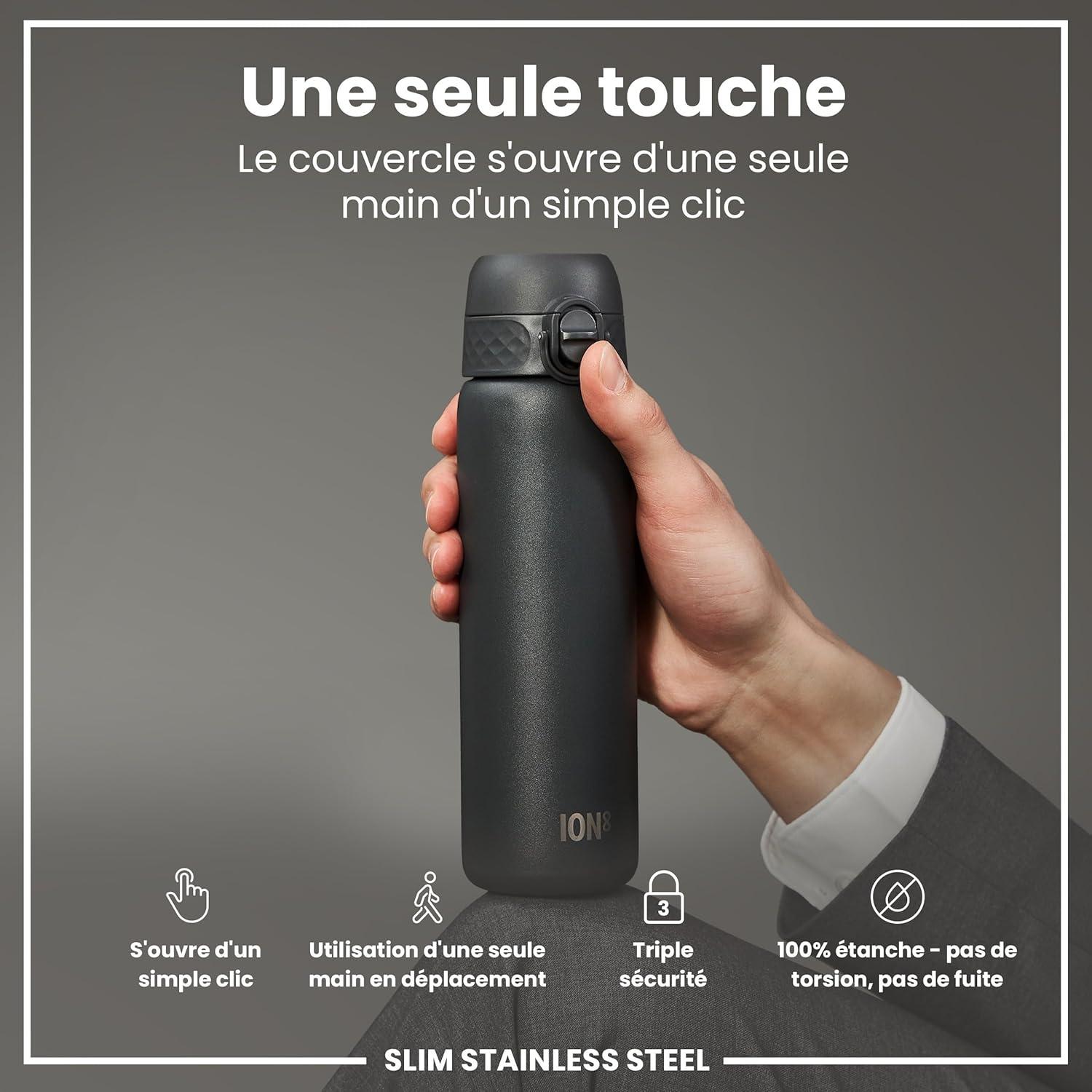 image:imageION8 Gourde Inox Lger 600ml Non Isol AntiFuite Facile Ouvrir Verrouillage Scuris Lavable au LaveVaisselle Poigne de Transport Durable Acier Inoxydable BleuGris