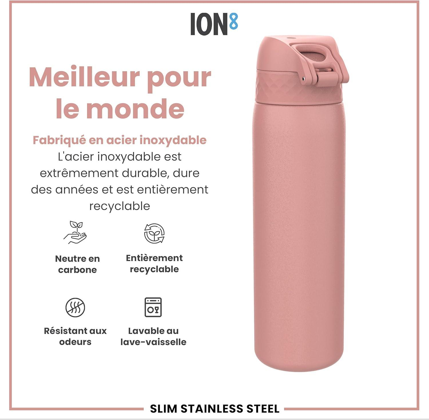 image:imageION8 Gourde Inox Lger 600ml Non Isol AntiFuite Facile Ouvrir Verrouillage Scuris Lavable au LaveVaisselle Poigne de Transport Durable Acier Inoxydable BleuRose Cendr