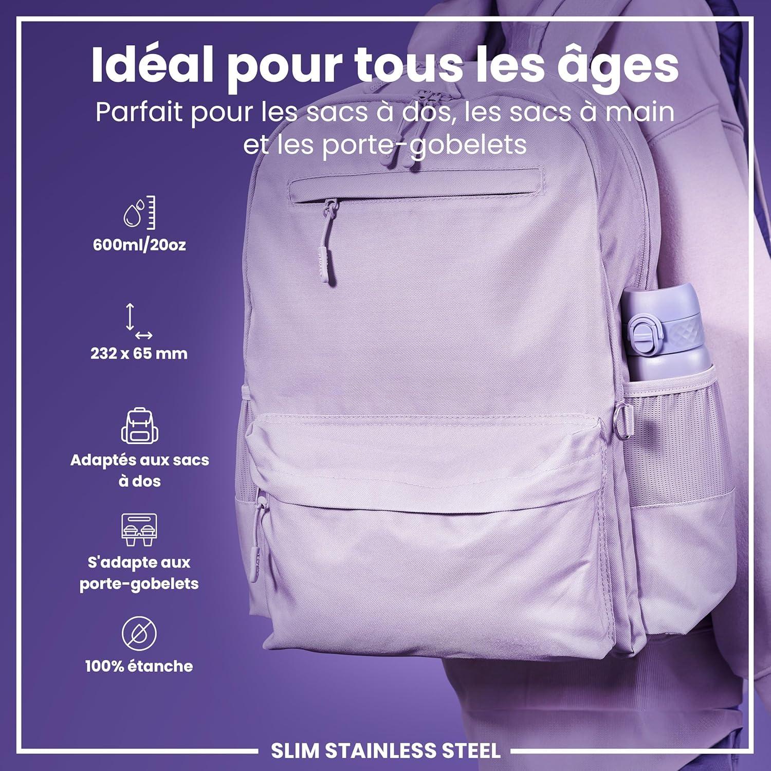 image:imageION8 Gourde Inox Lger 600ml Non Isol AntiFuite Facile Ouvrir Verrouillage Scuris Lavable au LaveVaisselle Poigne de Transport Durable Acier Inoxydable BleuViolet Clair