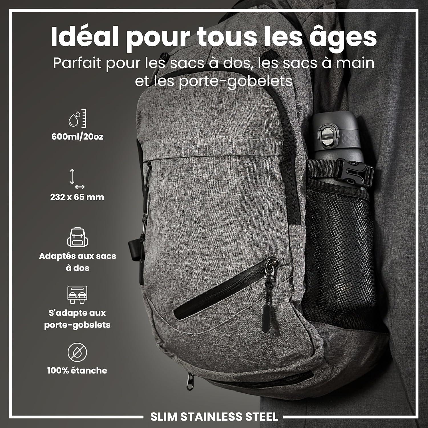 image:imageION8 Gourde Inox Lger 600ml Non Isol AntiFuite Facile Ouvrir Verrouillage Scuris Lavable au LaveVaisselle Poigne de Transport Durable Acier Inoxydable BleuGris