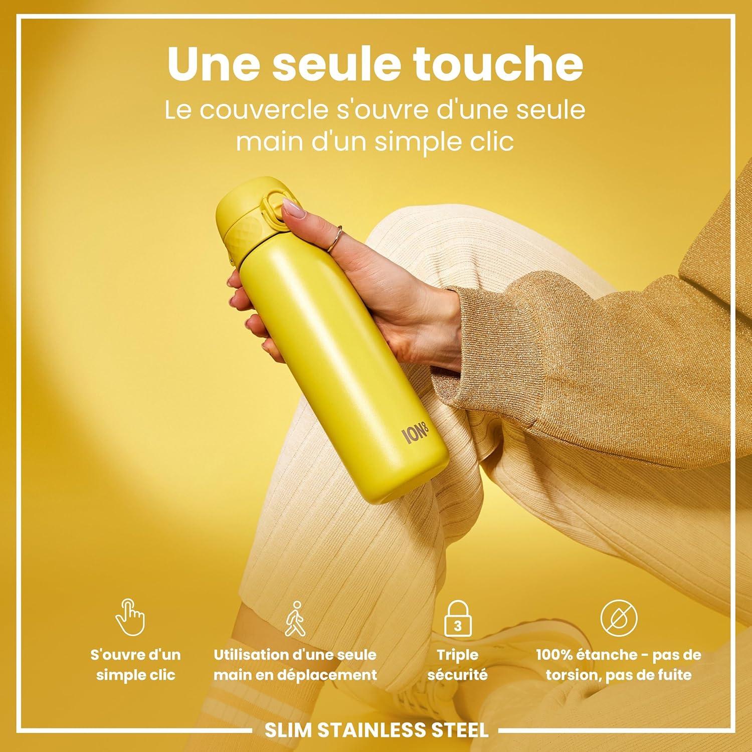 image:imageION8 Gourde Inox Lger 600ml Non Isol AntiFuite Facile Ouvrir Verrouillage Scuris Lavable au LaveVaisselle Poigne de Transport Durable Acier Inoxydable BleuJaune