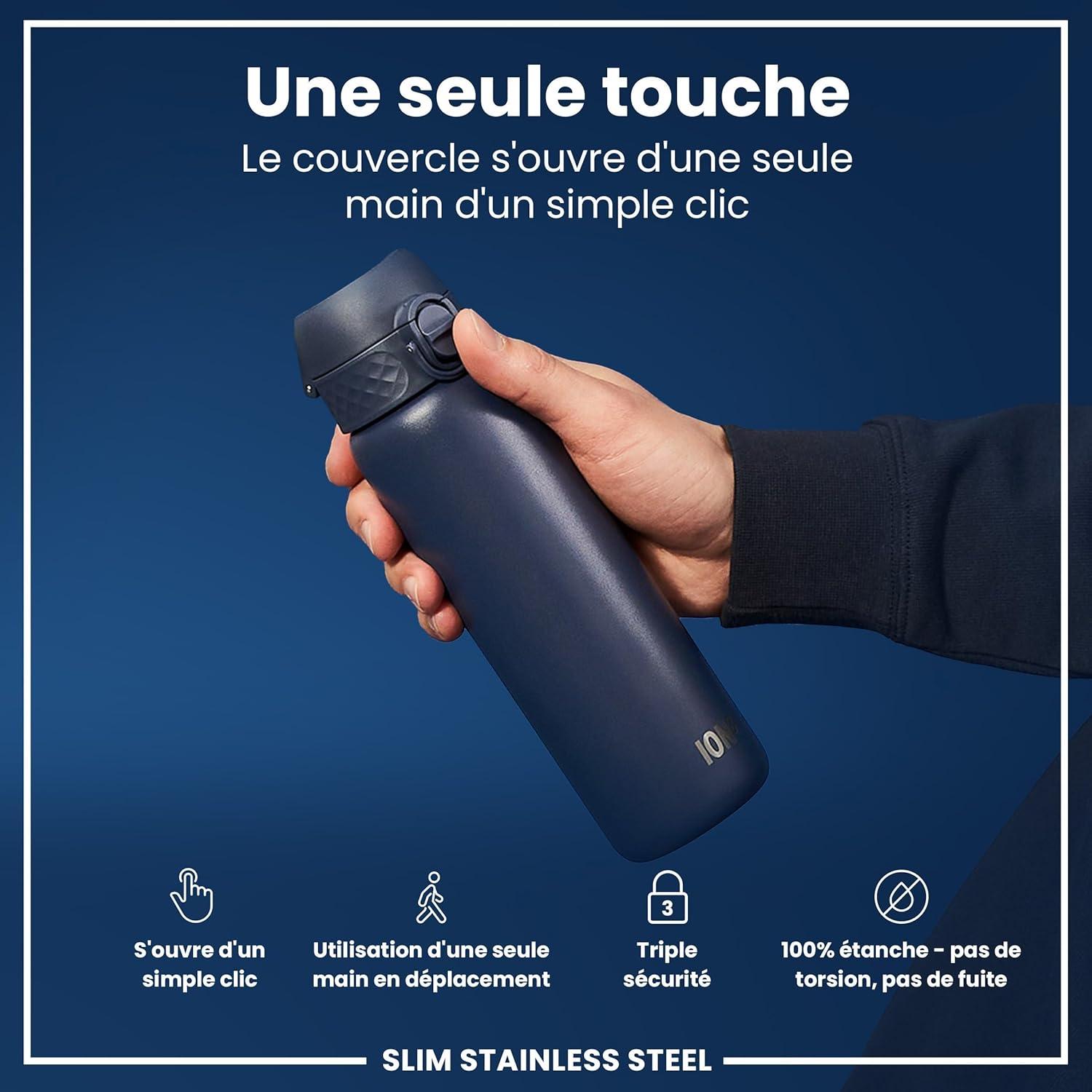 image:imageION8 Gourde Inox Lger 600ml Non Isol AntiFuite Facile Ouvrir Verrouillage Scuris Lavable au LaveVaisselle Poigne de Transport Durable Acier Inoxydable BleuBleu Marine Cendr