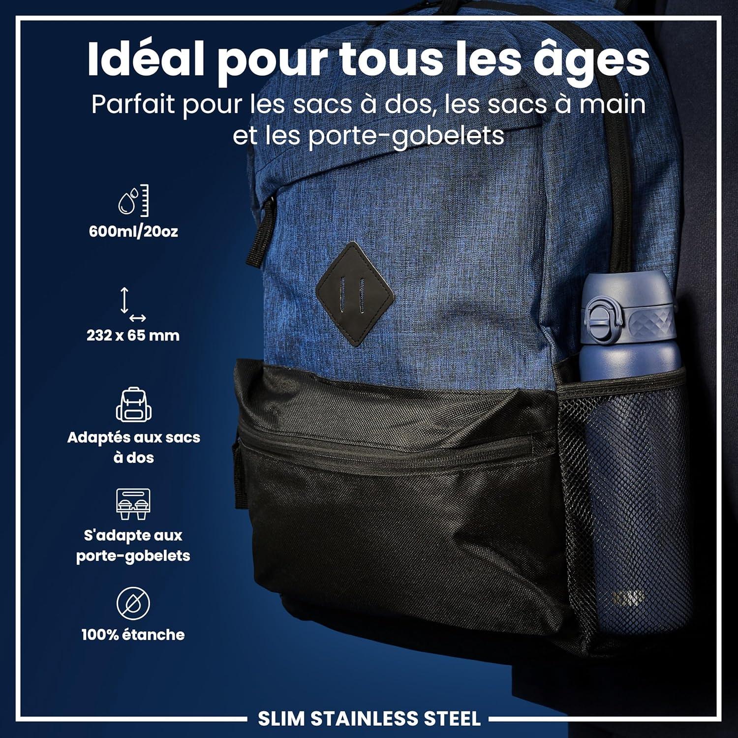 image:imageION8 Gourde Inox Lger 600ml Non Isol AntiFuite Facile Ouvrir Verrouillage Scuris Lavable au LaveVaisselle Poigne de Transport Durable Acier Inoxydable BleuBleu Marine Cendr