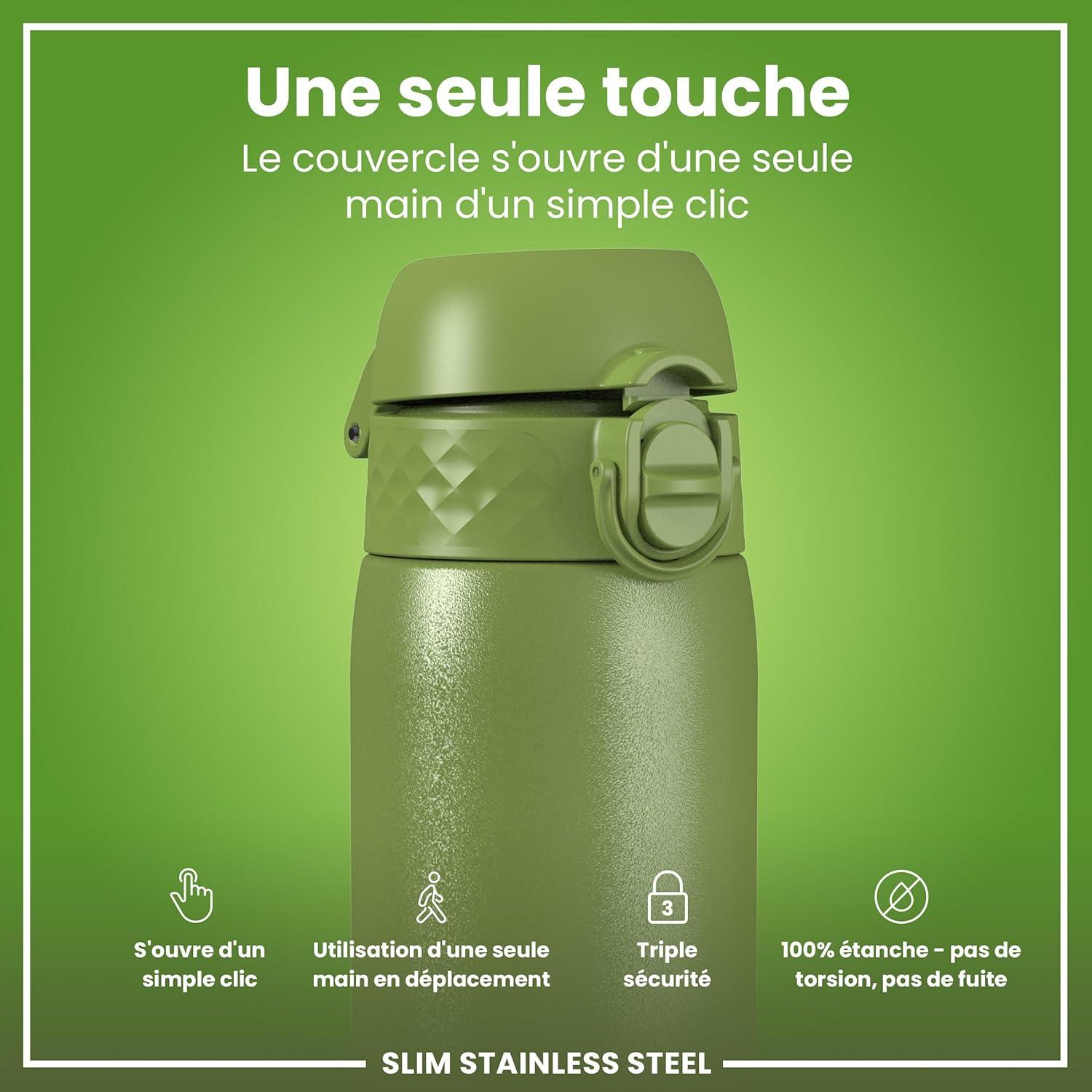 image:imageION8 Gourde Inox Lger 600ml Non Isol AntiFuite Facile Ouvrir Verrouillage Scuris Lavable au LaveVaisselle Poigne de Transport Durable Acier Inoxydable BleuVert Kaki