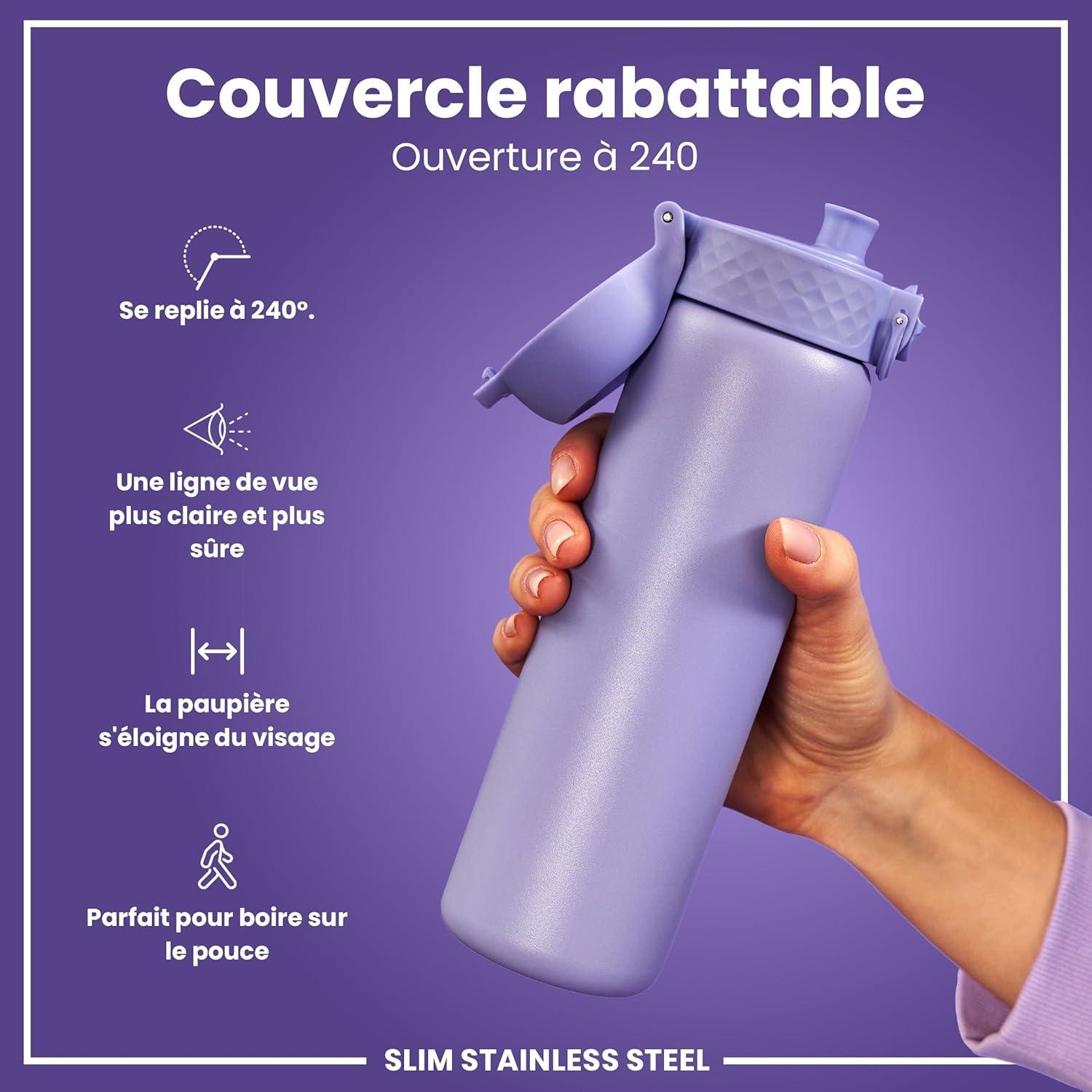 image:imageION8 Gourde Inox Lger 600ml Non Isol AntiFuite Facile Ouvrir Verrouillage Scuris Lavable au LaveVaisselle Poigne de Transport Durable Acier Inoxydable BleuViolet Clair