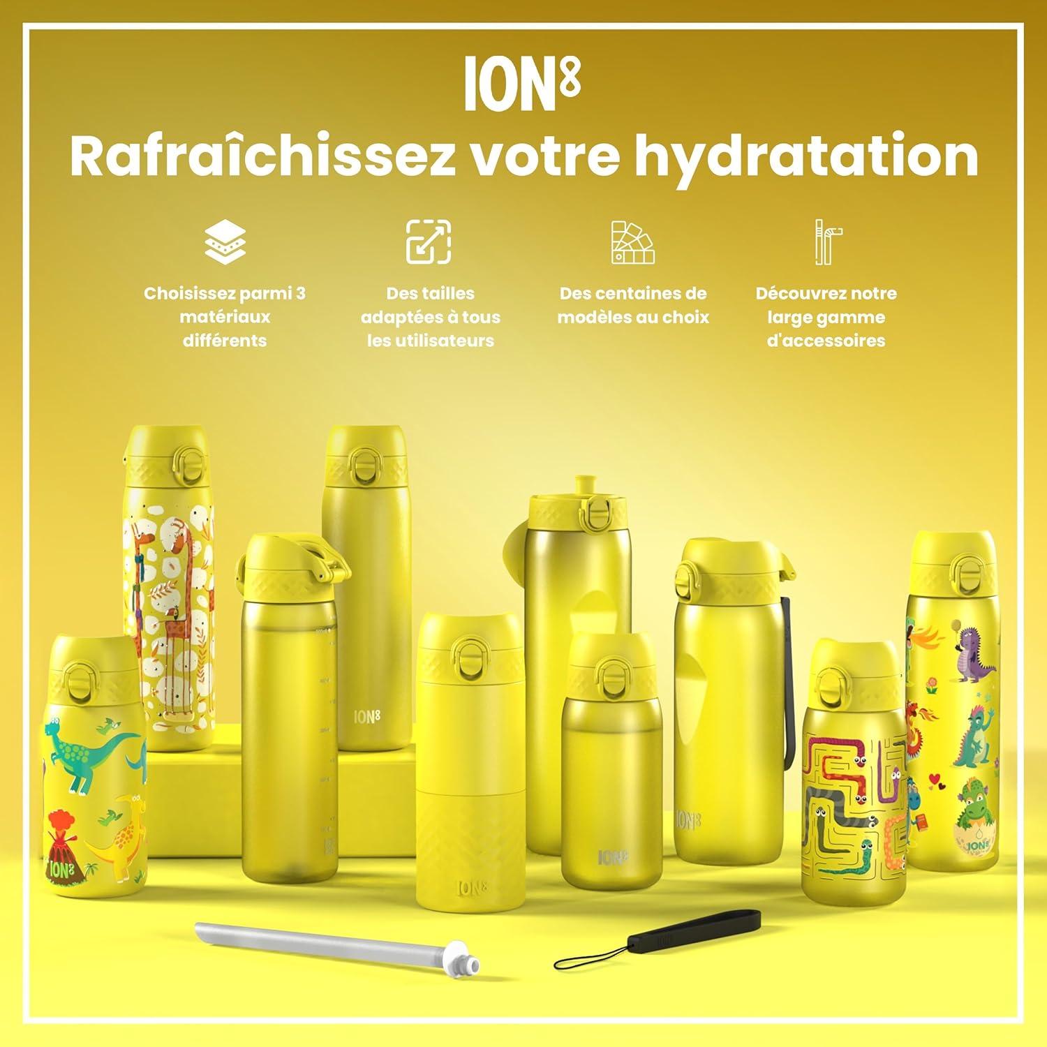 image:imageION8 Gourde Inox Lger 600ml Non Isol AntiFuite Facile Ouvrir Verrouillage Scuris Lavable au LaveVaisselle Poigne de Transport Durable Acier Inoxydable BleuJaune
