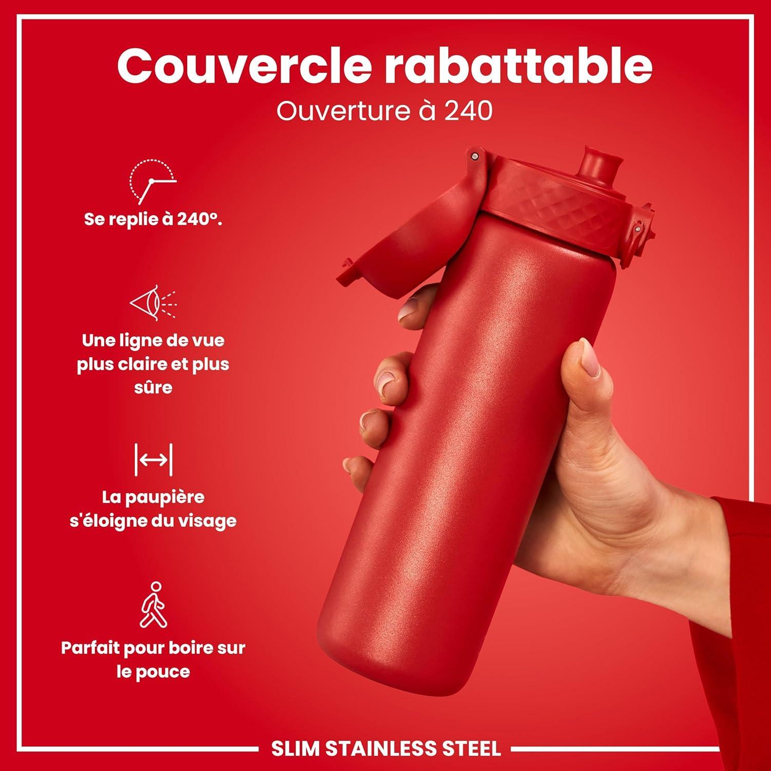 image:imageION8 Gourde Inox Lger 600ml Non Isol AntiFuite Facile Ouvrir Verrouillage Scuris Lavable au LaveVaisselle Poigne de Transport Durable Acier Inoxydable BleuRouge