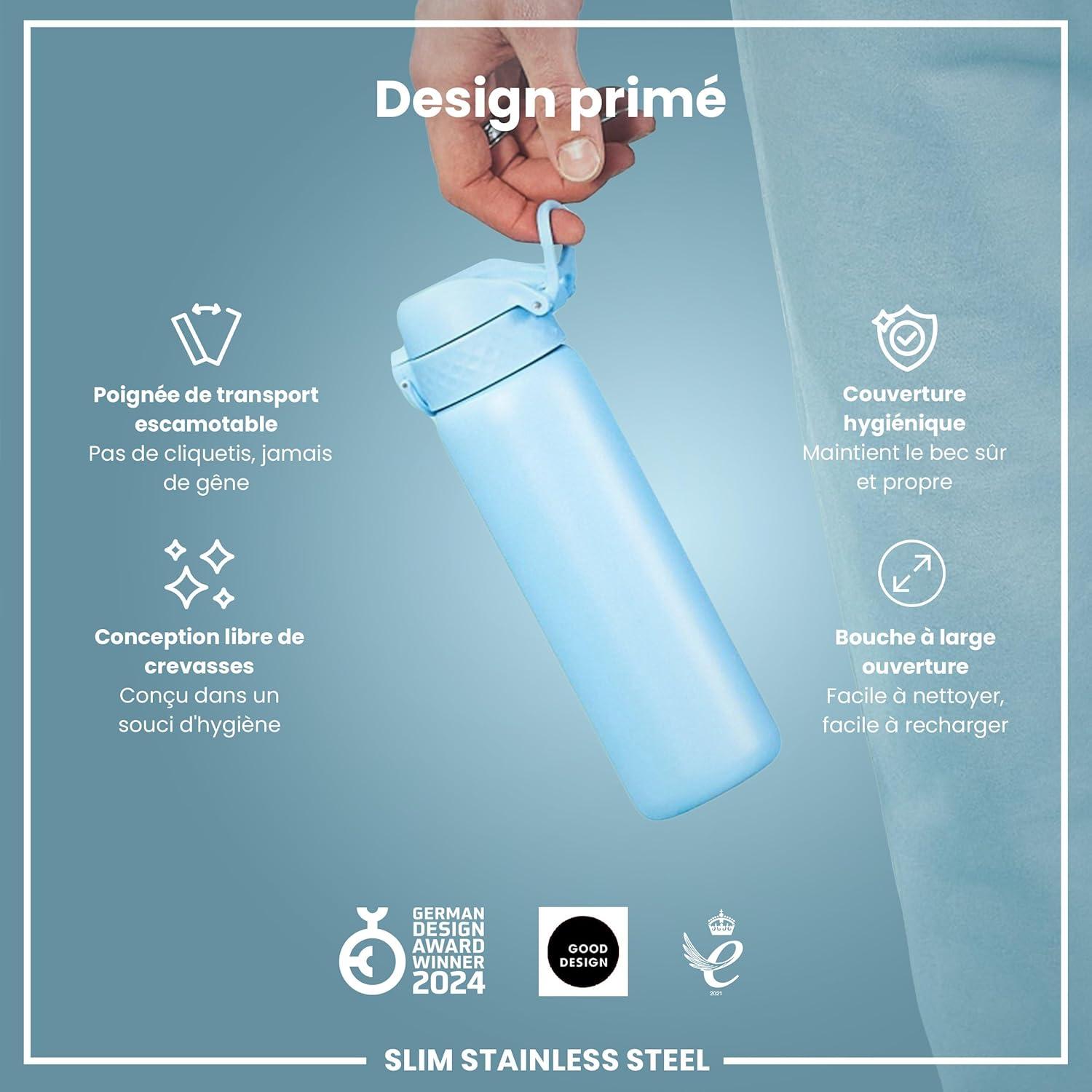 image:imageION8 Gourde Inox Lger 600ml Non Isol AntiFuite Facile Ouvrir Verrouillage Scuris Lavable au LaveVaisselle Poigne de Transport Durable Acier Inoxydable BleuBleu Dalaska