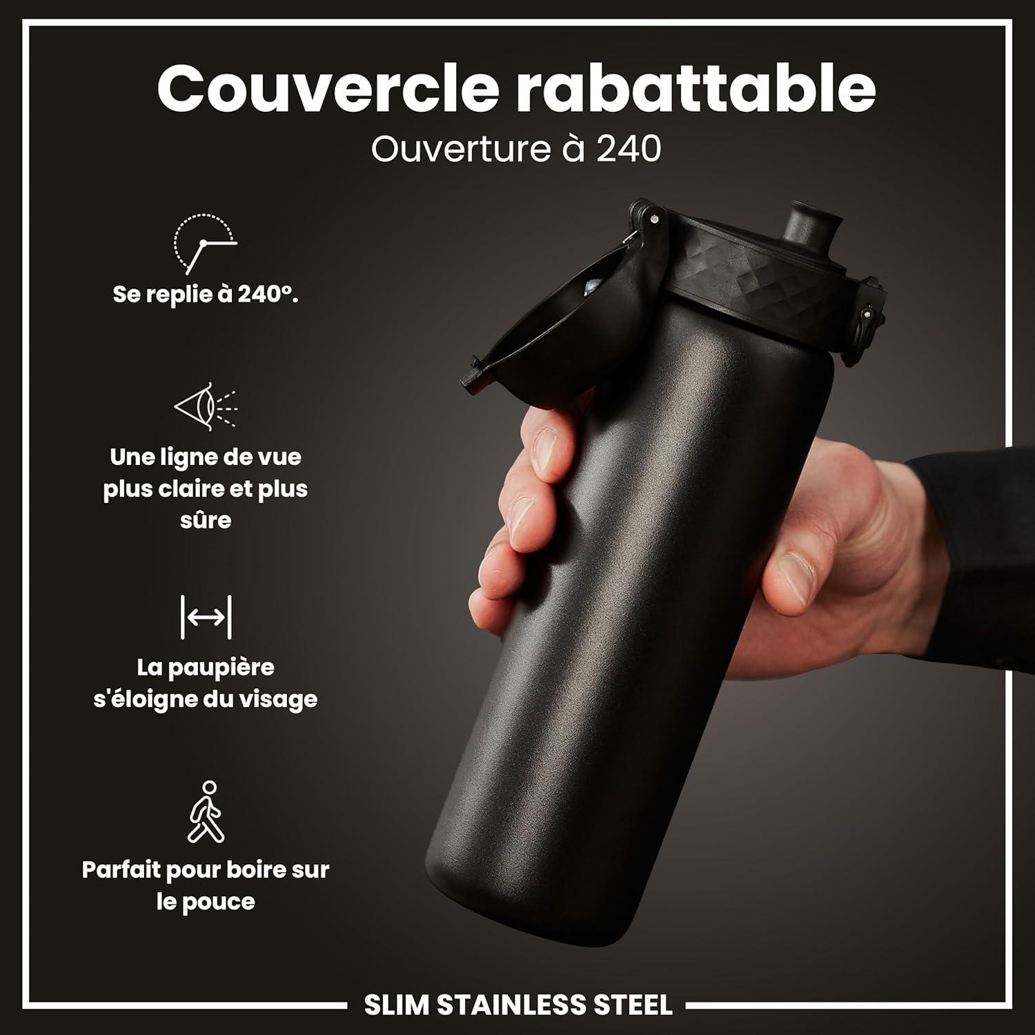 image:imageION8 Gourde Inox Lger 600ml Non Isol AntiFuite Facile Ouvrir Verrouillage Scuris Lavable au LaveVaisselle Poigne de Transport Durable Acier Inoxydable BleuNoir