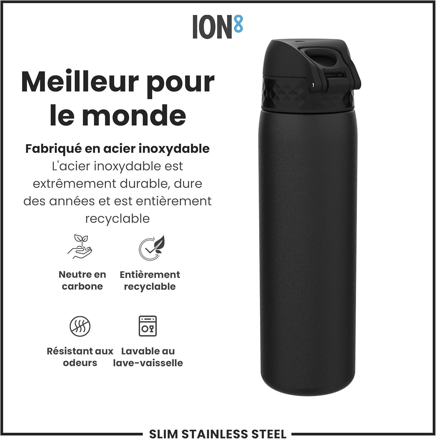 image:imageION8 Gourde Inox Lger 600ml Non Isol AntiFuite Facile Ouvrir Verrouillage Scuris Lavable au LaveVaisselle Poigne de Transport Durable Acier Inoxydable BleuNoir