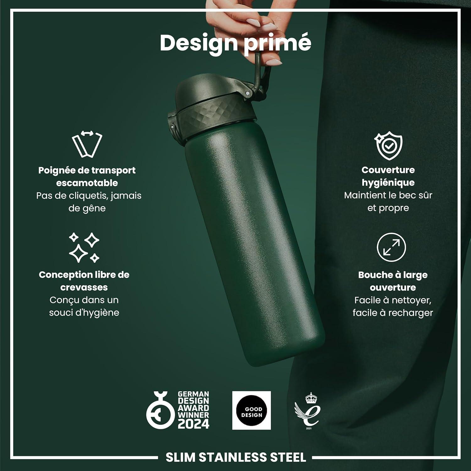 image:imageION8 Gourde Inox Lger 600ml Non Isol AntiFuite Facile Ouvrir Verrouillage Scuris Lavable au LaveVaisselle Poigne de Transport Durable Acier Inoxydable BleuVert Fonc
