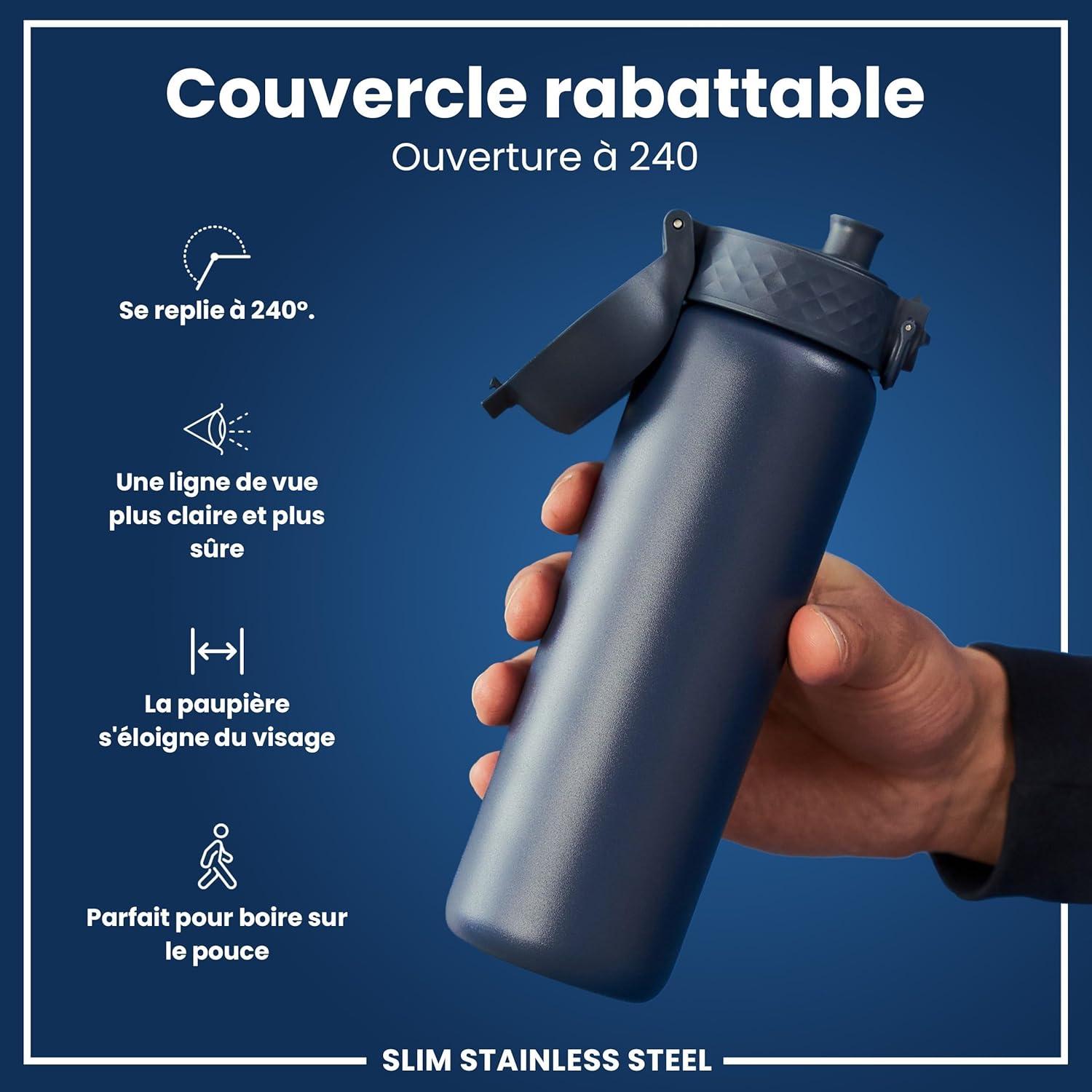 image:imageION8 Gourde Inox Lger 600ml Non Isol AntiFuite Facile Ouvrir Verrouillage Scuris Lavable au LaveVaisselle Poigne de Transport Durable Acier Inoxydable BleuBleu Marine Cendr