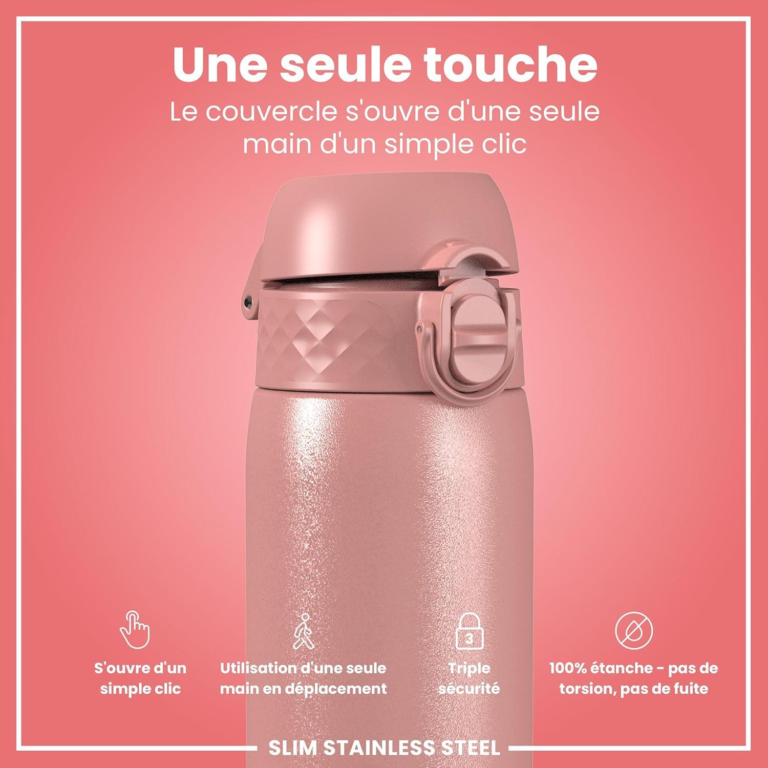 image:imageION8 Gourde Inox Lger 600ml Non Isol AntiFuite Facile Ouvrir Verrouillage Scuris Lavable au LaveVaisselle Poigne de Transport Durable Acier Inoxydable BleuRose Cendr