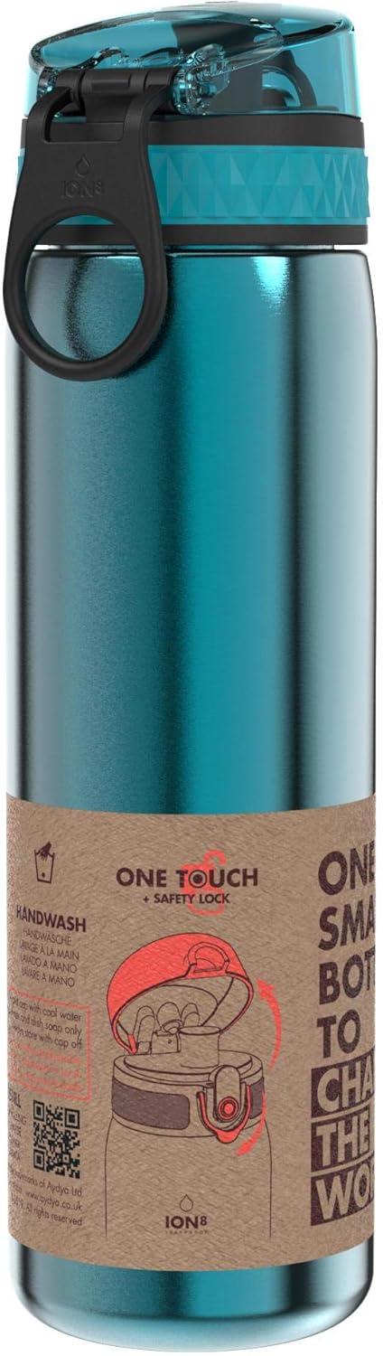 image:imageION8 Gourde Inox Lger 600ml Non Isol AntiFuite Facile Ouvrir Verrouillage Scuris Lavable au LaveVaisselle Poigne de Transport Durable Acier Inoxydable BleuAqua