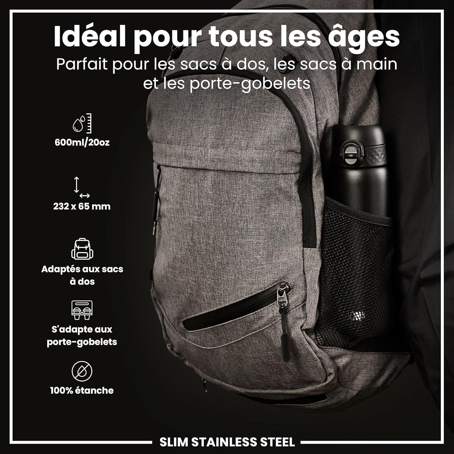image:imageION8 Gourde Inox Lger 600ml Non Isol AntiFuite Facile Ouvrir Verrouillage Scuris Lavable au LaveVaisselle Poigne de Transport Durable Acier Inoxydable BleuNoir