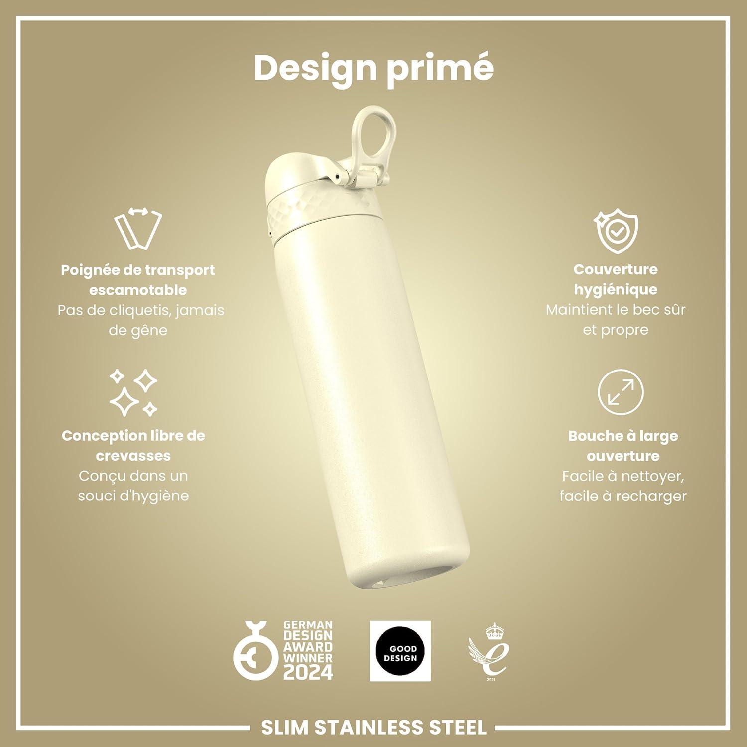 image:imageION8 Gourde Inox Lger 600ml Non Isol AntiFuite Facile Ouvrir Verrouillage Scuris Lavable au LaveVaisselle Poigne de Transport Durable Acier Inoxydable BleuBlanc Crmeux
