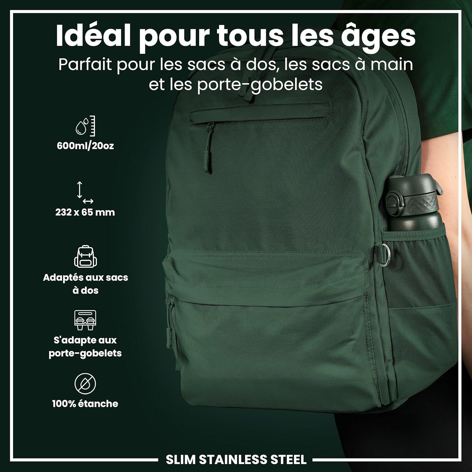 image:imageION8 Gourde Inox Lger 600ml Non Isol AntiFuite Facile Ouvrir Verrouillage Scuris Lavable au LaveVaisselle Poigne de Transport Durable Acier Inoxydable BleuVert Fonc