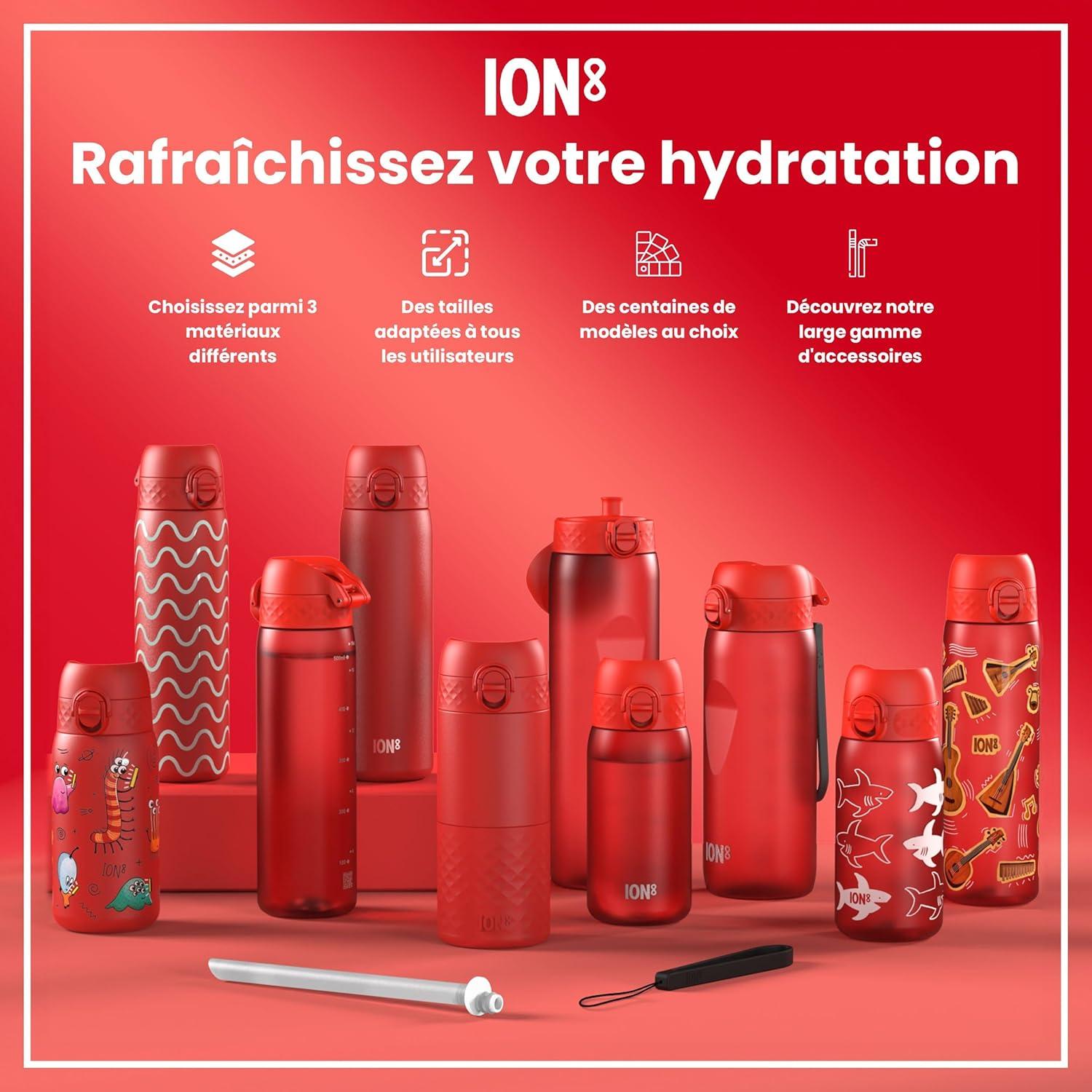 image:imageION8 Gourde Inox Lger 600ml Non Isol AntiFuite Facile Ouvrir Verrouillage Scuris Lavable au LaveVaisselle Poigne de Transport Durable Acier Inoxydable BleuRouge