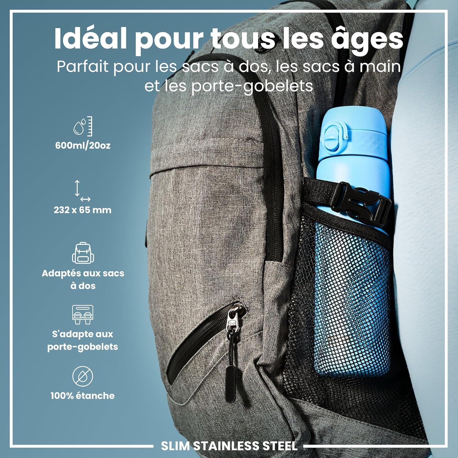 image:imageION8 Gourde Inox Lger 600ml Non Isol AntiFuite Facile Ouvrir Verrouillage Scuris Lavable au LaveVaisselle Poigne de Transport Durable Acier Inoxydable BleuBleu Dalaska
