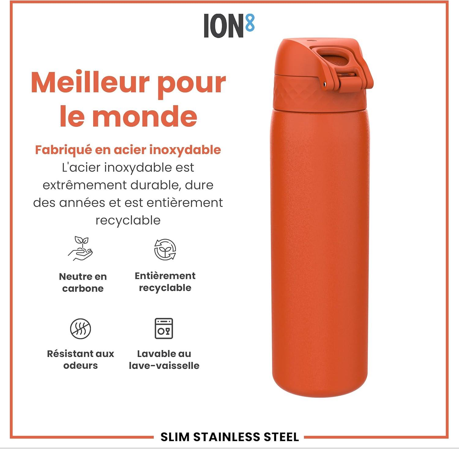 image:imageION8 Gourde Inox Lger 600ml Non Isol AntiFuite Facile Ouvrir Verrouillage Scuris Lavable au LaveVaisselle Poigne de Transport Durable Acier Inoxydable BleuOrange