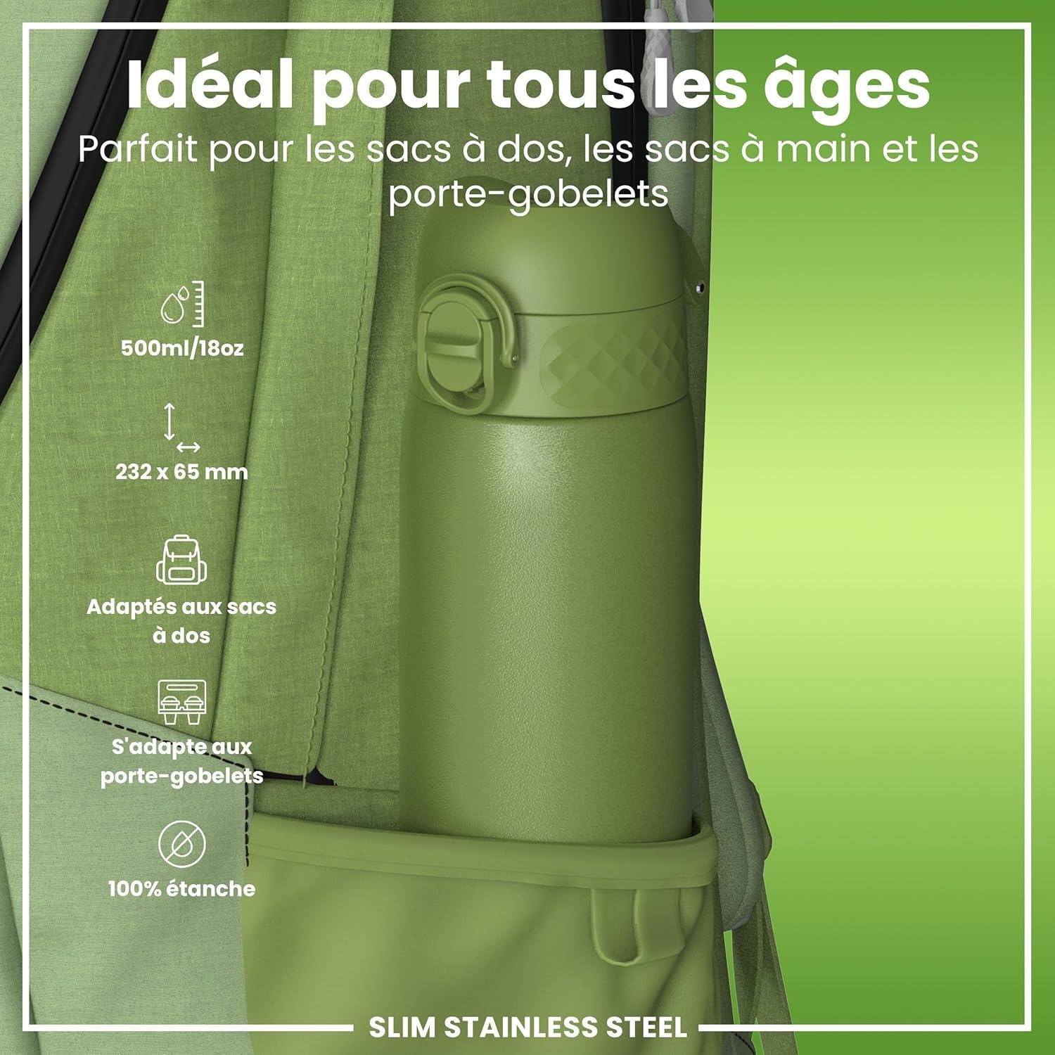 image:imageION8 Gourde Inox Lger 600ml Non Isol AntiFuite Facile Ouvrir Verrouillage Scuris Lavable au LaveVaisselle Poigne de Transport Durable Acier Inoxydable BleuVert Kaki