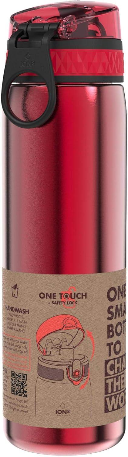 image:imageION8 Gourde Inox Lger 600ml Non Isol AntiFuite Facile Ouvrir Verrouillage Scuris Lavable au LaveVaisselle Poigne de Transport Durable Acier Inoxydable BleuRouge