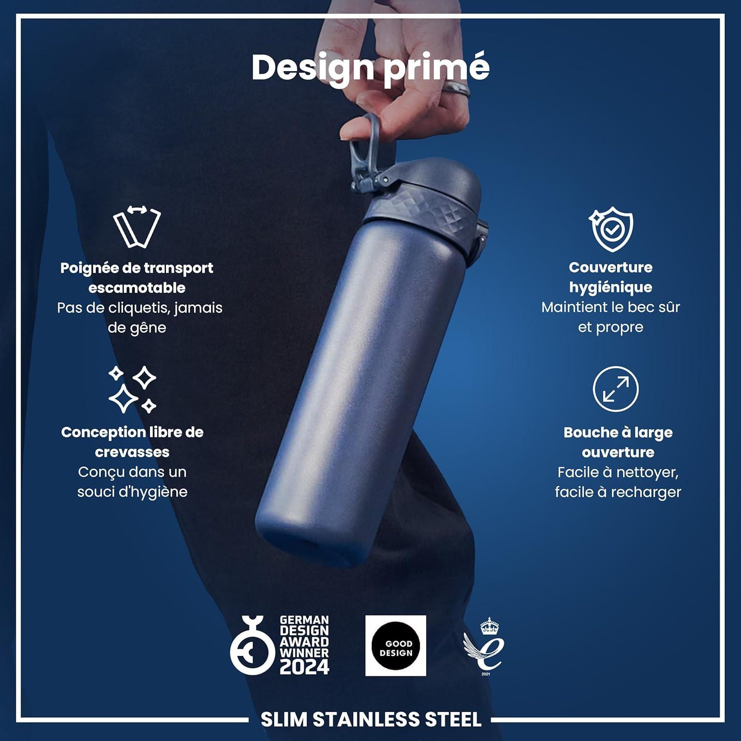 image:imageION8 Gourde Inox Lger 600ml Non Isol AntiFuite Facile Ouvrir Verrouillage Scuris Lavable au LaveVaisselle Poigne de Transport Durable Acier Inoxydable BleuBleu Marine Cendr